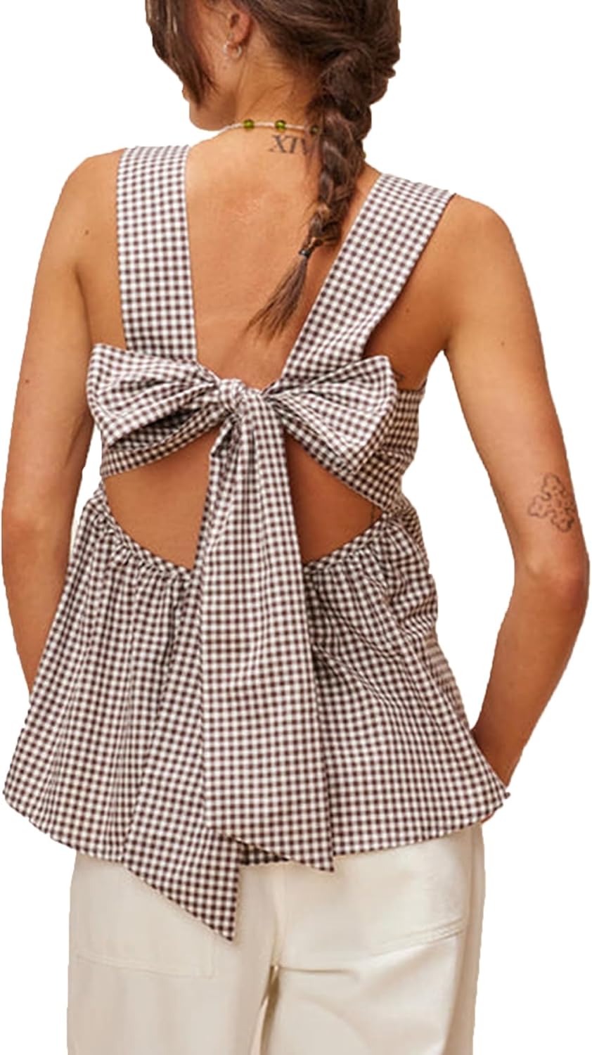 Amiblvowa Women Gingham Peplum Tank Square Neck Babydoll Tops Y2K Cute Bow Tie Back Sleeveless Vest Shirt Going Out Top