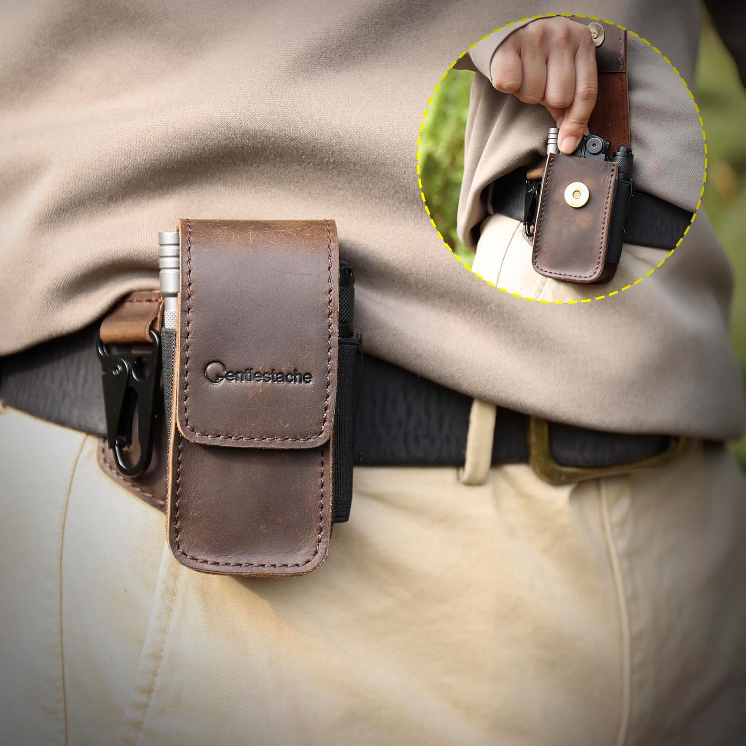Gentlestache Leather Multitool Sheath - Leather Multitool Case with Belt Clip & Key Clip - Magnetic Closure EDC Organizer Tool Holster Pouch for Leatherman Tools, Flashlight, Darkbrown-M