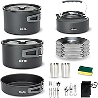 Vista 10 de Alocs Camping Cookware Set - Lightweight Camping Pots and Pans - Portable Outdoor Cookware with Kettle - Camping Cookware Mess Kit for 2