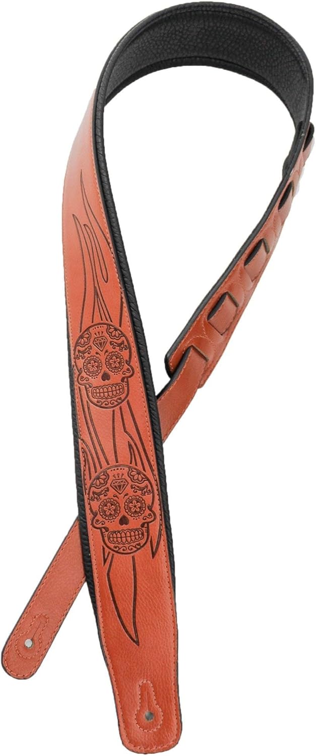 Walker & Williams GM-1275 Sienna Brown Padded Guitar Strap with Embossed Skulls