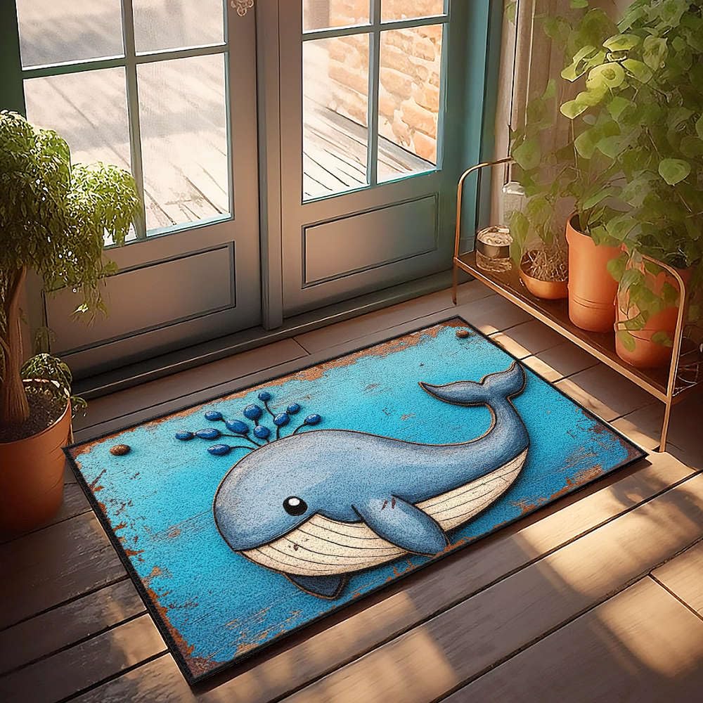 Paillasson baleine bleue grand tapis extérieur décoratif de porte 65 x 90 cm