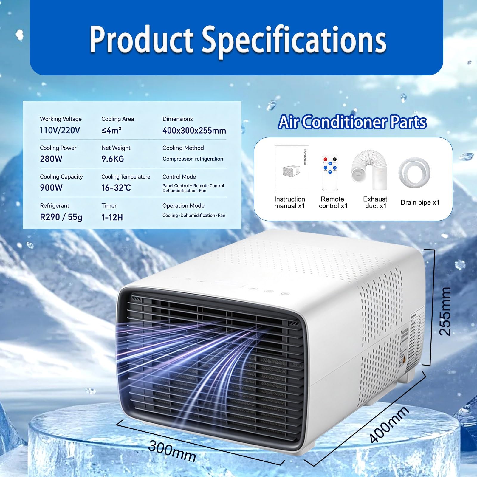 Mobilny Klimatyzator Namiotowy Gotowy do Pracy, Mini AC Unit 280W z Rura Wylotowa i Wezem Odplywowym, Niezalezny Tryb Suchy do Wilgotnej Przyczepy Kempingowej, Wentylator Chlodzacy