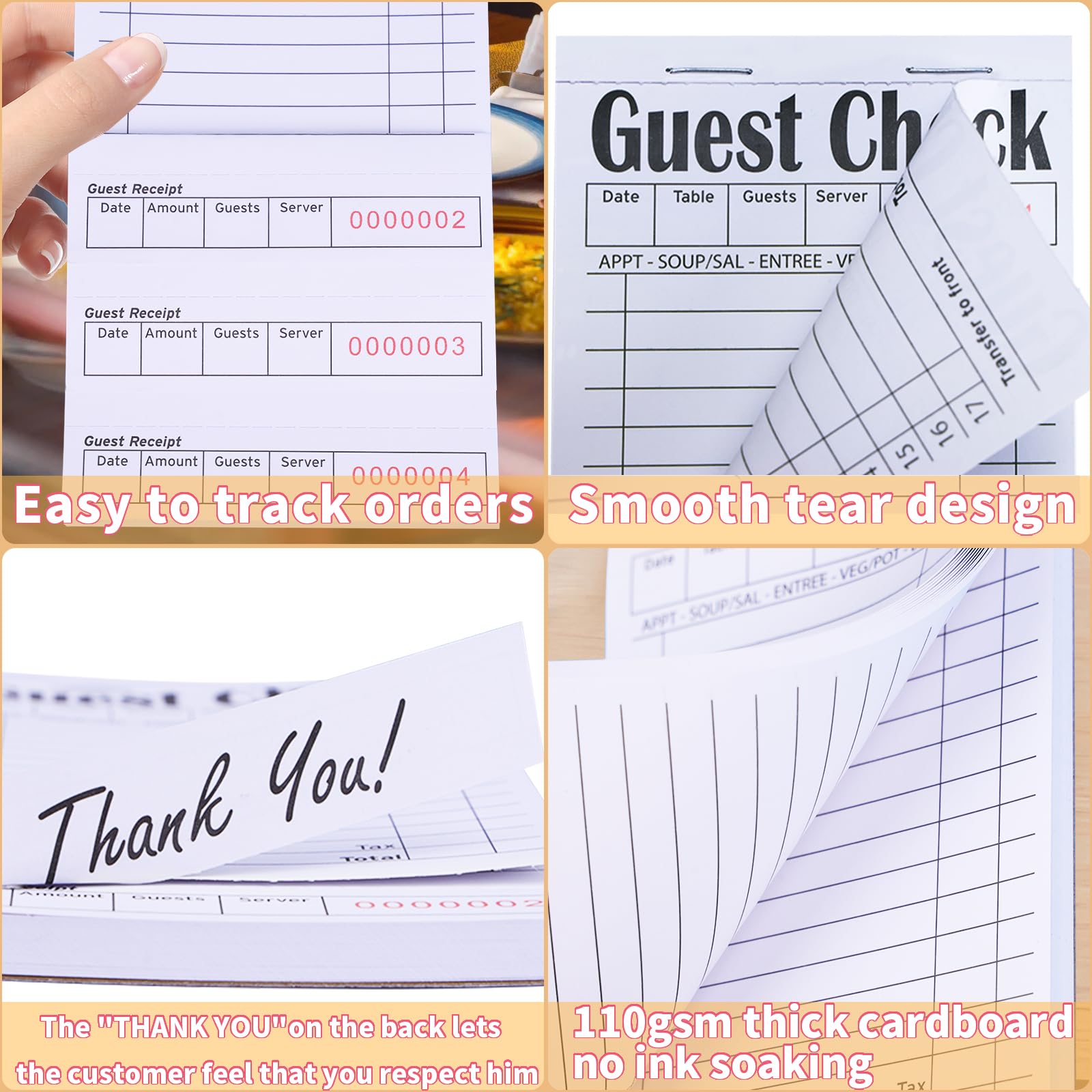 Chequeras de invitados para servidores, blocs de notas, chequera de camarera, bloc de notas de camarera para restaurantes, cheques de papel, 50 hojas/paquete, total de 300 boletos (blanco)