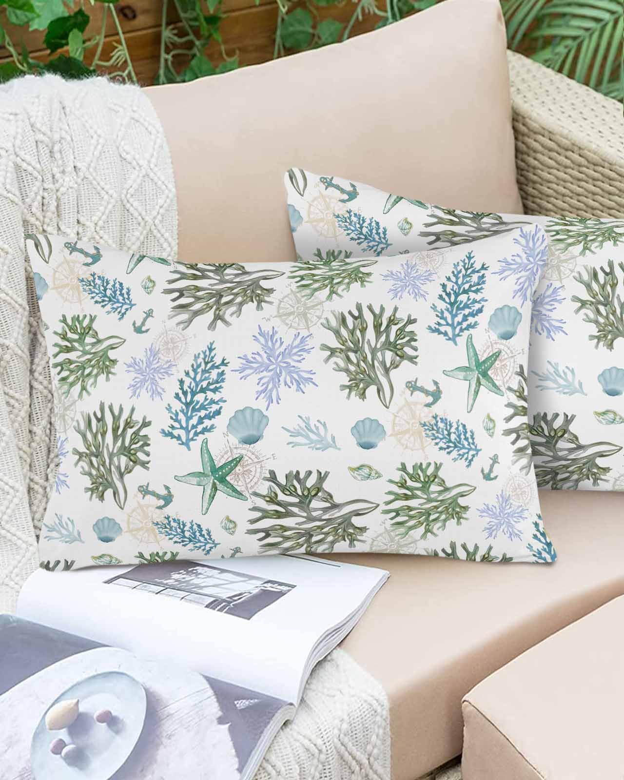 Boanket Lumbar Pillow Covers 12 x 20 in, Sage Green Teal Coastal Waterproof Throw Pillow Cover Set of 2, Beach Coral Starfish Nautical Home Decorative Rectangle Cushion Covers for Patio/Couch/Garden