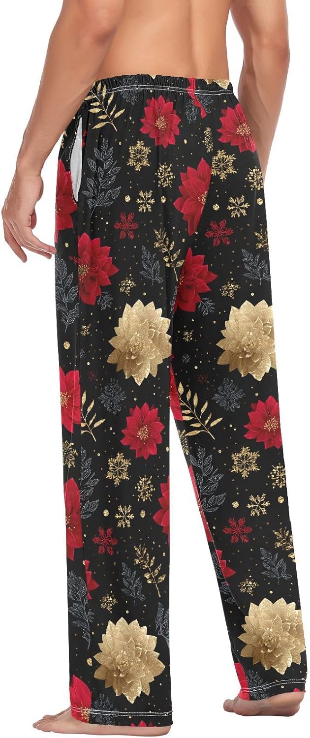ALAZA Christmas Poinsettia Flowers Men's Pajama Pants Men Cotton Pajama Bottoms with Pockets, S