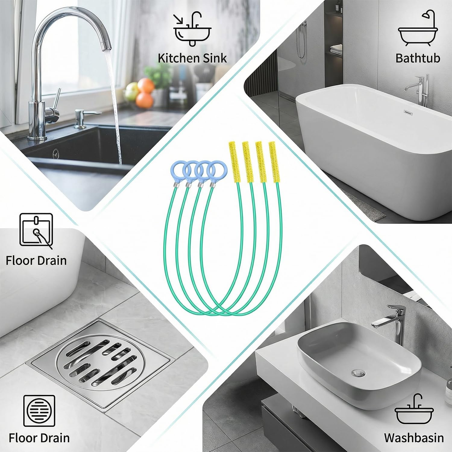 Paquete de 3 limpiadores de desagües en espiral de 130 cm, serpiente de drenaje con revestimiento de nailon de acero antiroturas, recogedor de pelo flexible para cocina, baño y bloqueo de