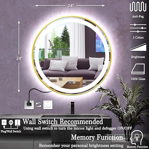 Miniatura 6 de Espejo de tocador redondo dorado de 24 pulgadas con luces, marco dorado, espejo redondo iluminado para baño, círculo de pared, espejo LED redondo