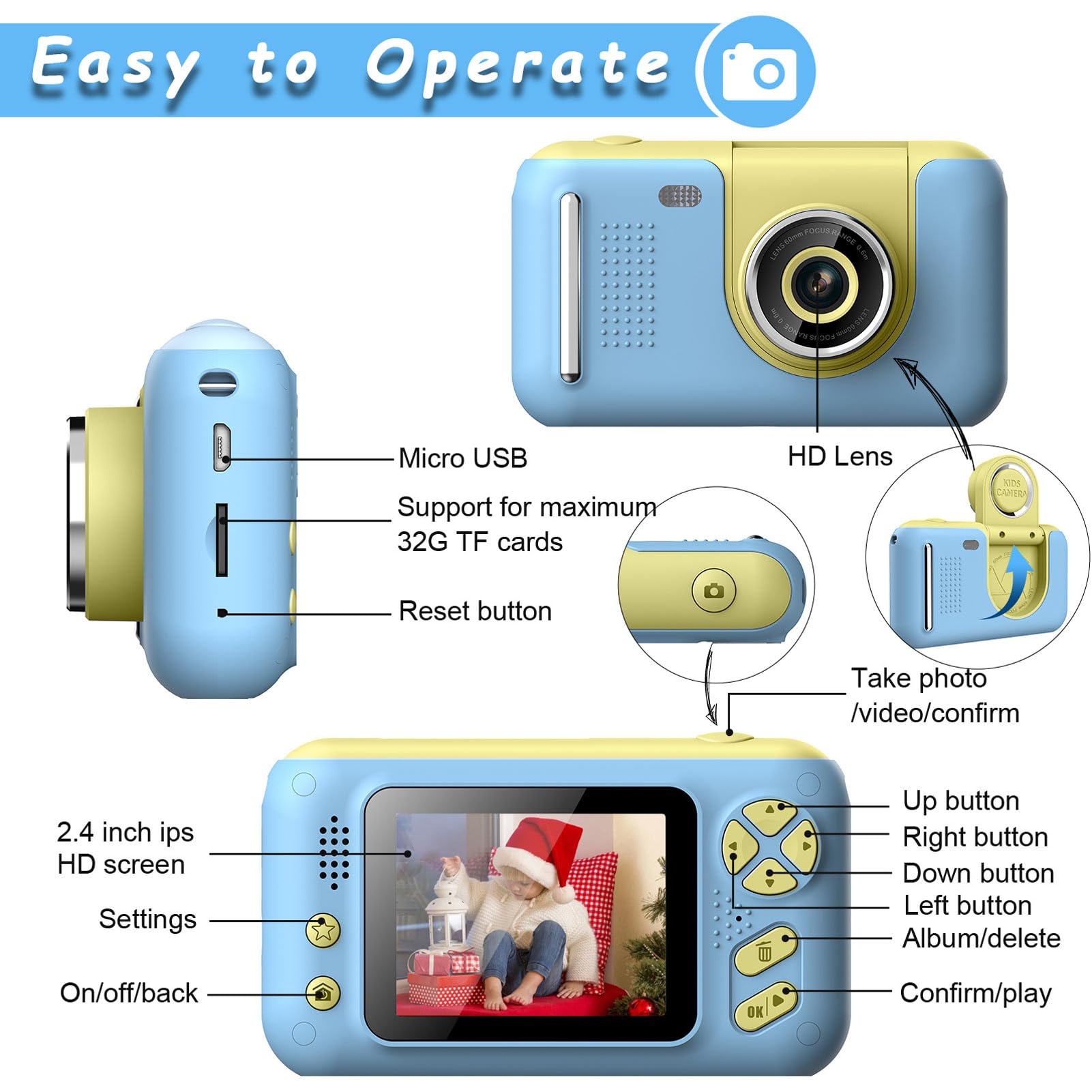 Cyfrowa Kamera Wideo dla Dzieci, Akumulator 1080P 180 ° Flip Lens Kids Selfie Camera z kartą Pamięci 32G do Fotografii (32g)