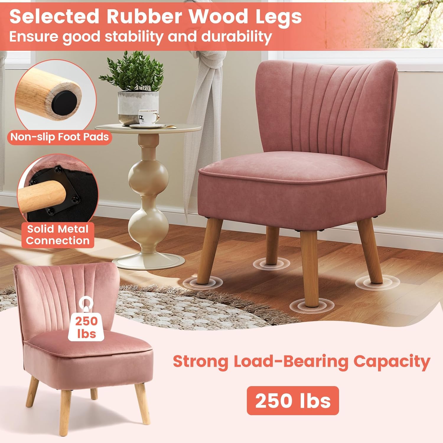 KOMFOTT Velvet Accent Chair, Modern Armless Sofa Chair with Solid Rubber Wood Legs, Wingback Leisure Chair with Thick Cushion, Upholstered Side Chair for Living Room, Bedroom, Pink