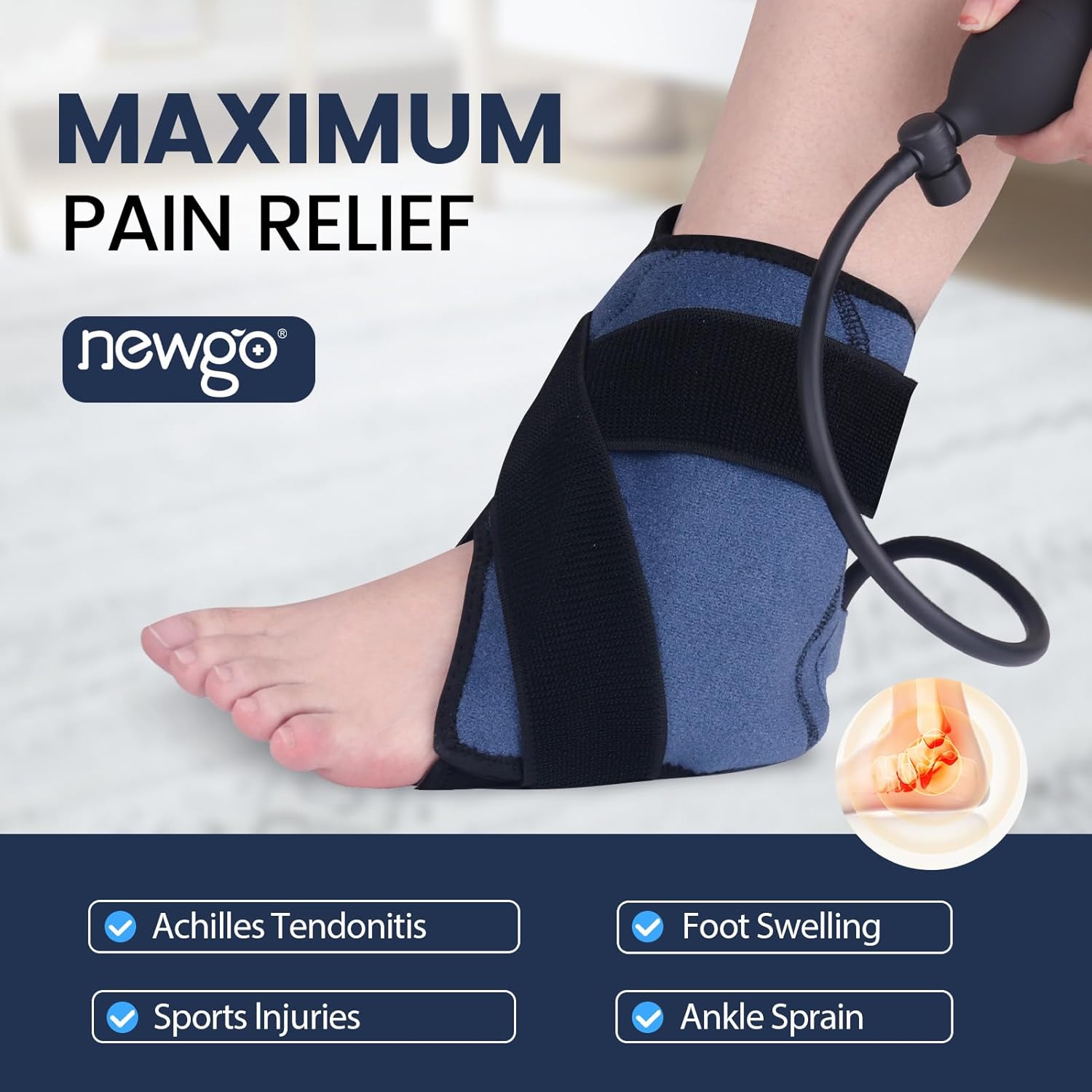 NEWGO Ankle Ice Pack Wrap with Air Pump, Compression Ankle Brace for cold compress, Reusable Hot & Cold Therapy Gel Wrap for Sprains, Heel Pain, Adjustable for Swelling Relief