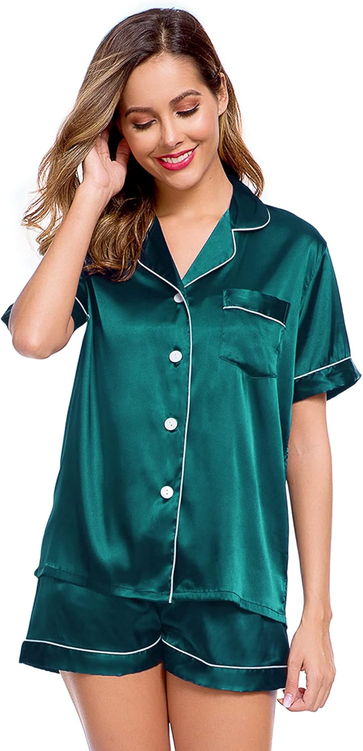 LecGee Womens Silk Satin Pajamas Short Sleeve Loungewear Two-Piece Sleepwear Button-Down Pj Set - Image 2