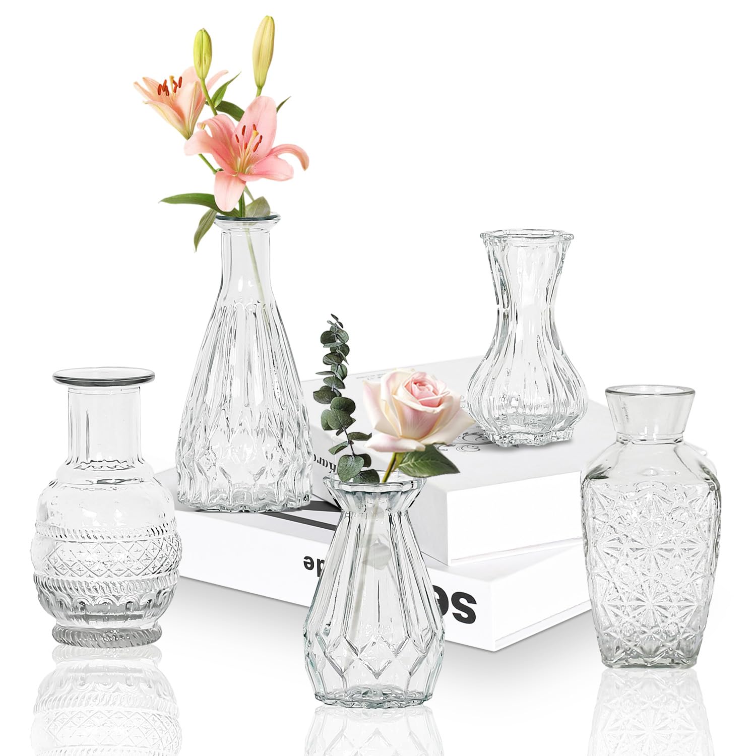 Juego de 5 jarrones de cristal pequeños para decoración de mesa, boda, recepción, hogar, botellas vintage, transparentes, jarrones de cristal decorativos con tapas (5, transparentes)