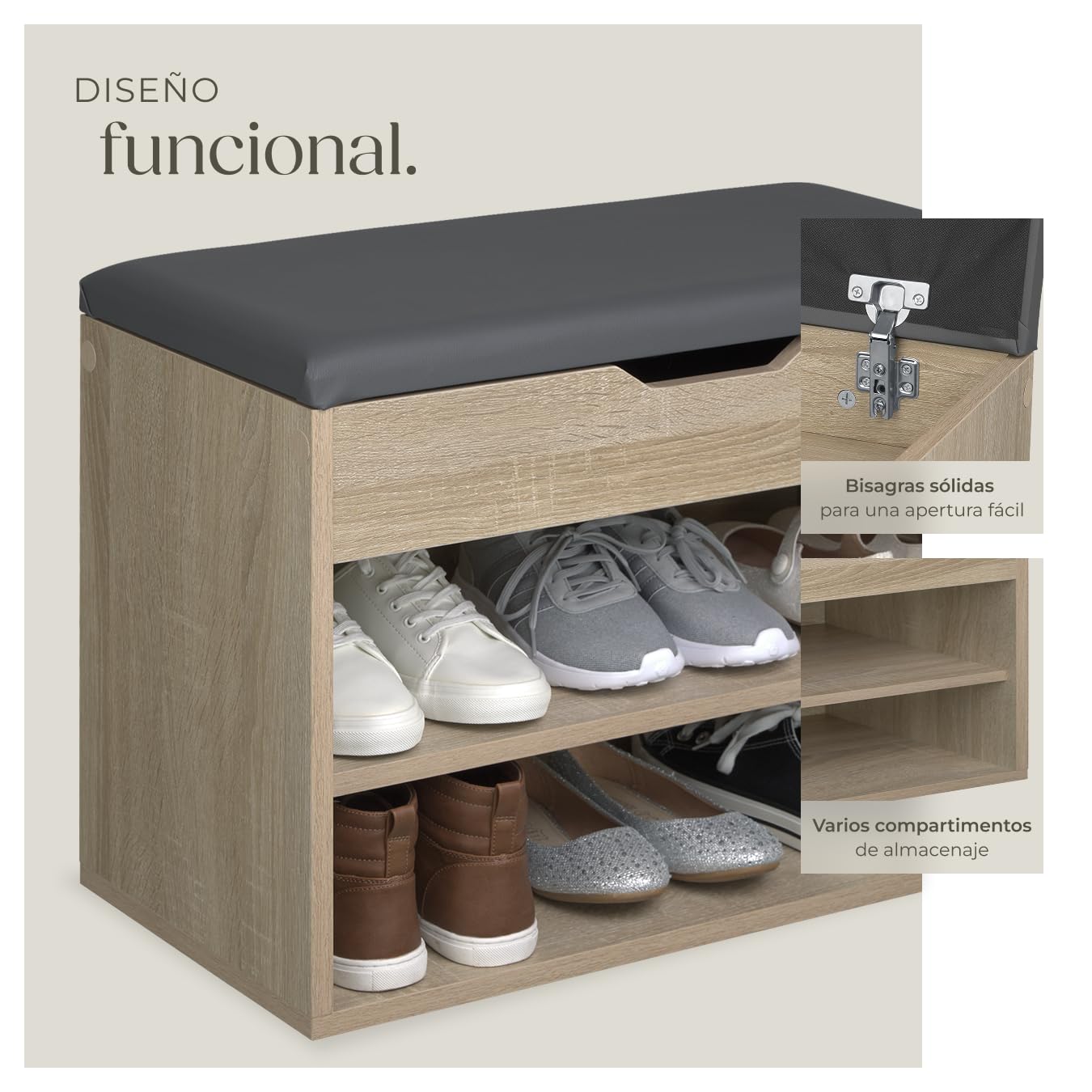 tectake® Zapatero Madera con Cojín Extraíble, Estanteria Zapatero Ajustable, Mueble Entrada Recibidor, Organizador Zapatos, Banco para Guardar Zapatos - Madera Clara, Roble Sonoma