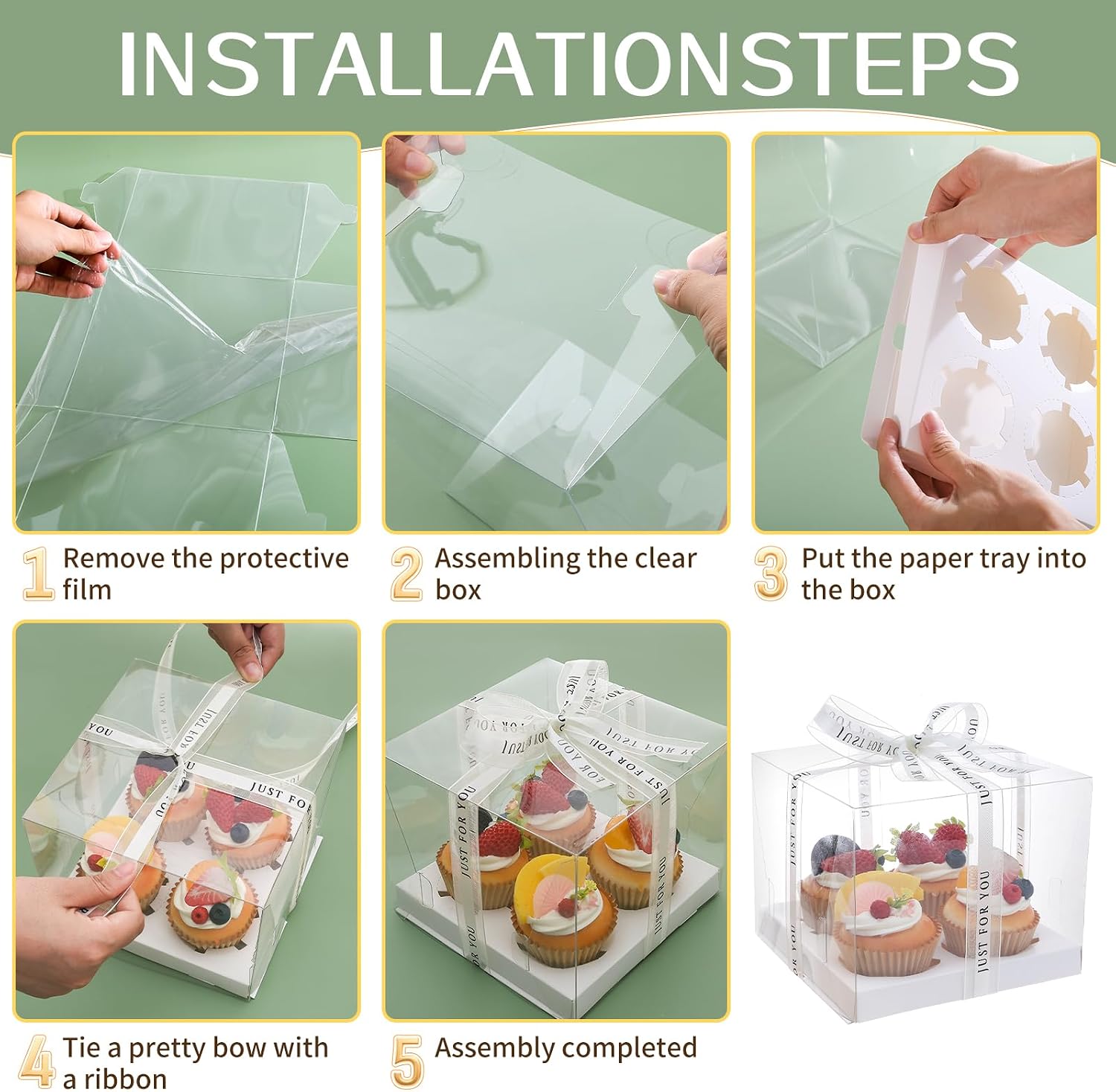 5 Pcs clear cupcake boxes with complimentary gift ribbon, 4 Count cupcake container, plastic cupcake carrier, for desserts muffins for Easter and Mother's Day (White, 4 Counts/5 pcs)