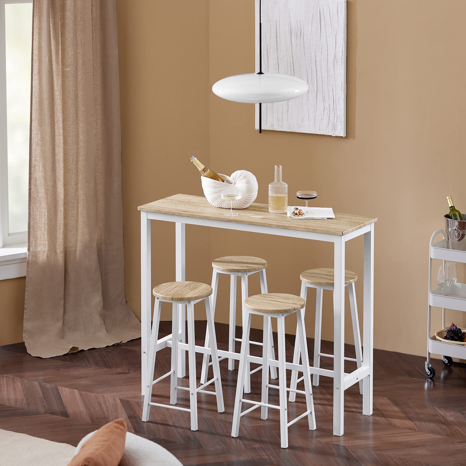 SoBuy Table Haute Mange Debout avec 4 Tabourets, Table de Bar Bistrot en Bois pour Cuisine 4 Personnes, Salon, Jardin et Extérieur Blanc-Naturel 120×100×40cm OGT22-WN