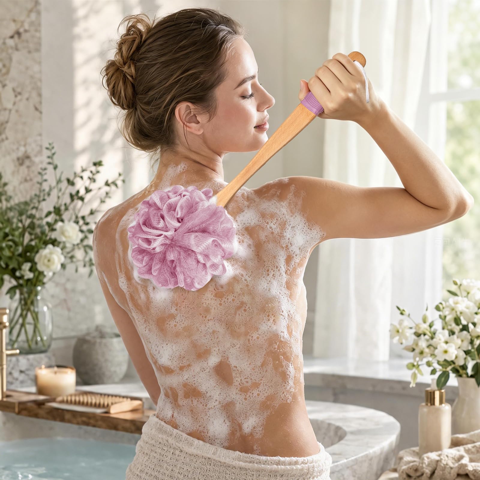 AmazerBath Esponja de ducha de lufa para espalda, esponja de esponja de polietileno de malla suave para cuerpo con mango largo de madera, esponja de baño para hombres y mujeres (rosa)