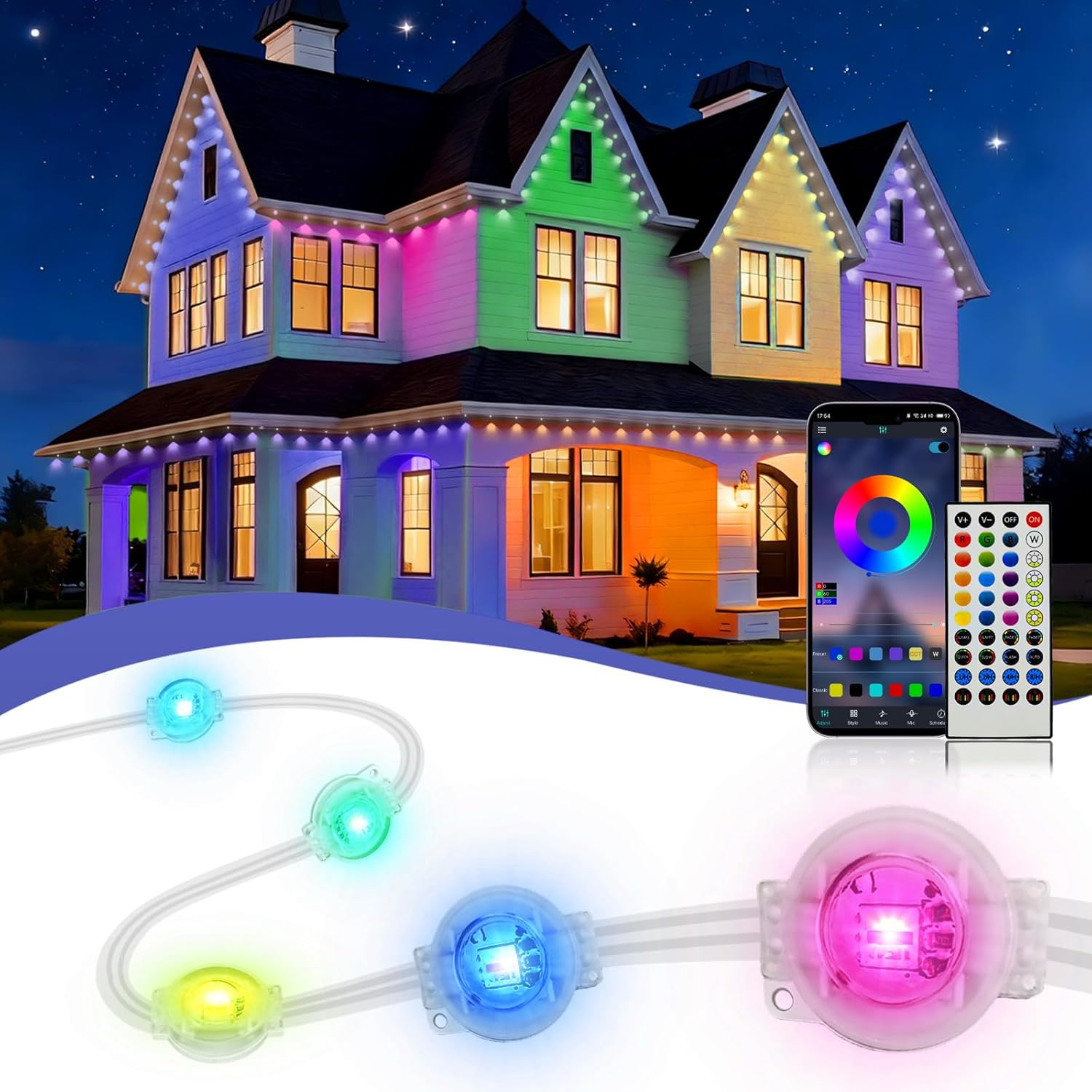 XINKAITE 50ft Permanent Outdoor Lights for House, 2025 Eave Lighting with App/Remote Control, IP67 Waterproof smartlight for Christmas, Halloween, Holiday, Party, Daily