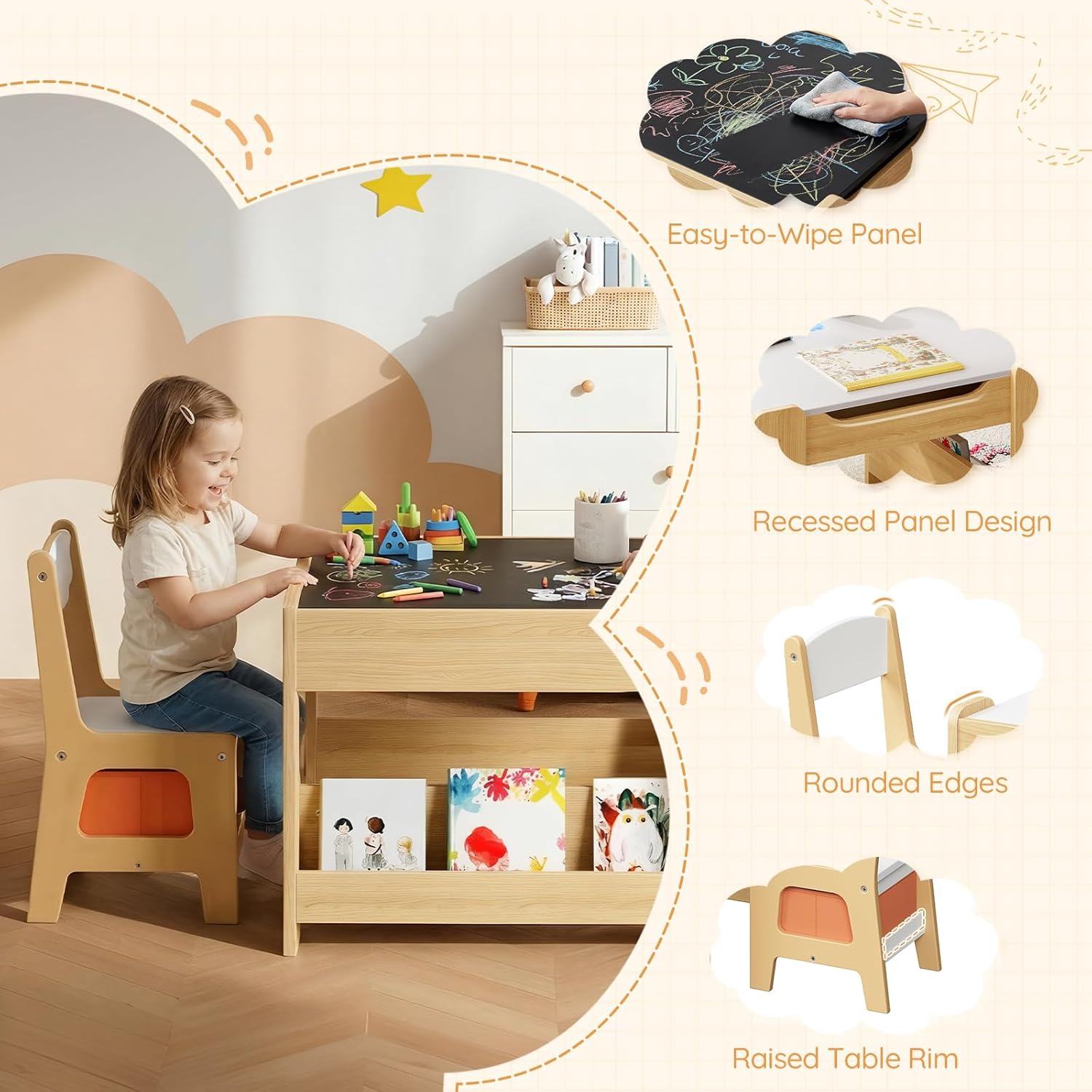 HOOBRO Kids Table and Chairs, Wooden Kids Table and 2 Chairs with Double-Sided Tabletop, Toddler Table and Chair Set with Storage Drawers & Bookshelf for Arts, Reading, Playroom, Natural WN02KT01