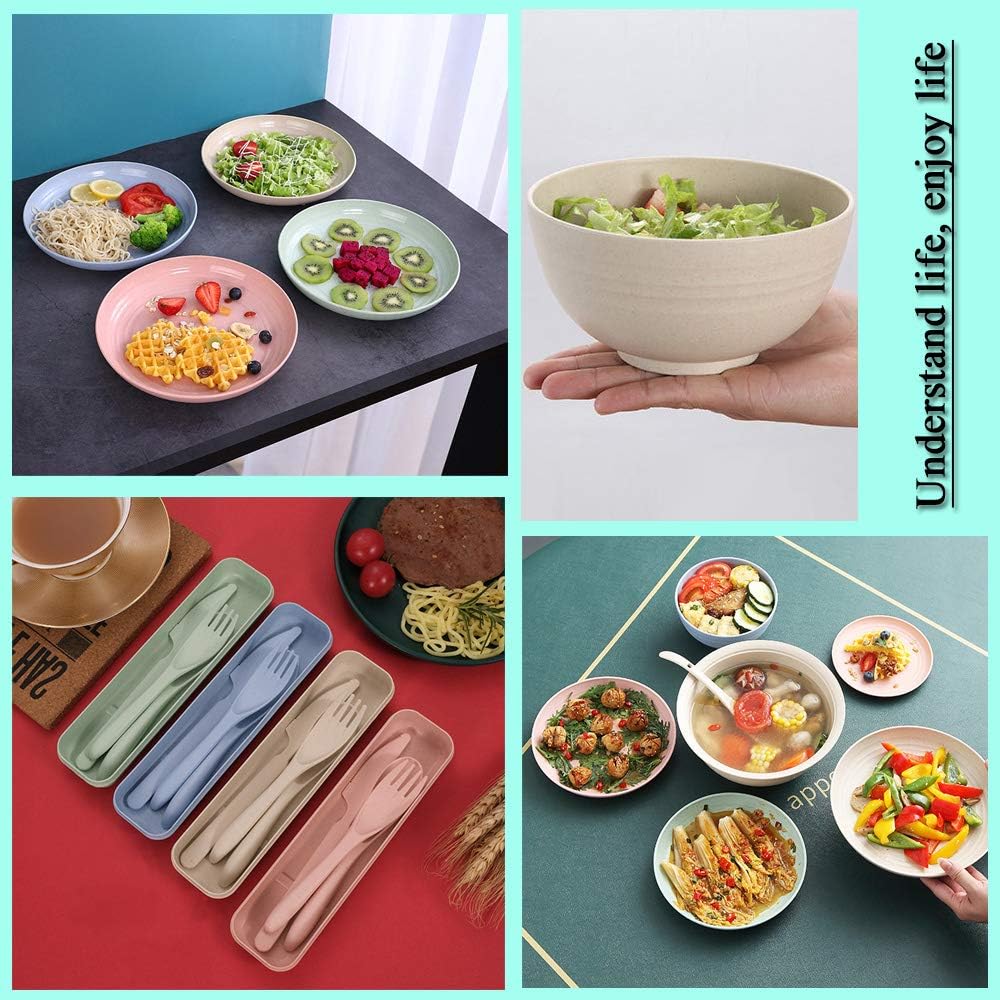Lіmіtеd Stосk 28Pieces Wheat Straw Dinnerware Set, Lightweight Plates Bowls Cups Dishes Spoon and Fork Set, Unbreakable Tableware Set for Picnic Party BBQ Camping (A2)…