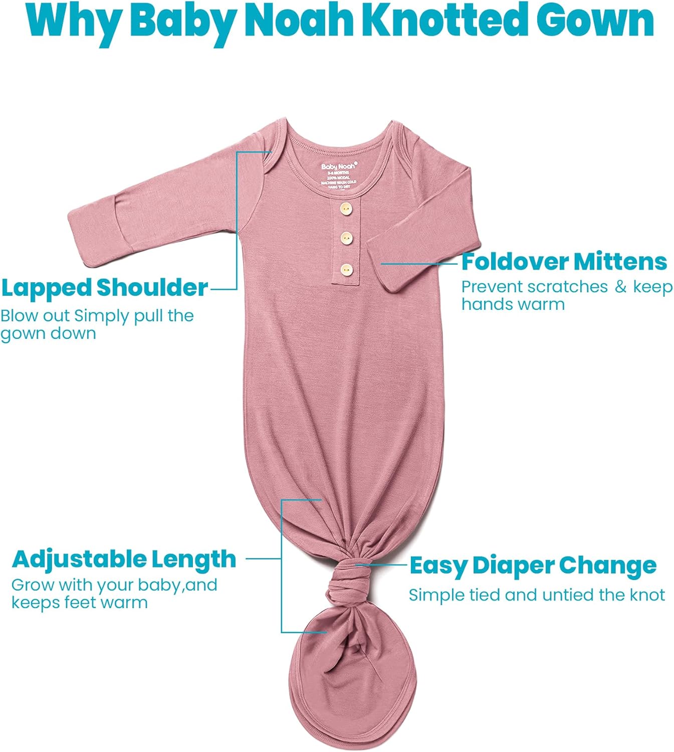 Newborn Baby Knotted Gown Extra Long, Super Soft Silky Infant Long Sleeve Sleeper with Tie Bottom, Baby Girl and Boy Sleep Gown with Mittens, Bow, and Hat Set[Bean Pink,Newborn] - Image 4