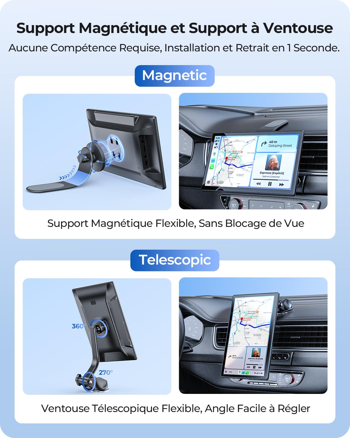 Écran Portable 9'' pour Apple CarPlay & Android Auto, Affichage HD 1024*600, Support Magnétique, Mises à jour OTA, Modes Portrait et Paysage, Caméra de Recul, Bluetooth, Contrôle Vocal, Navigat
