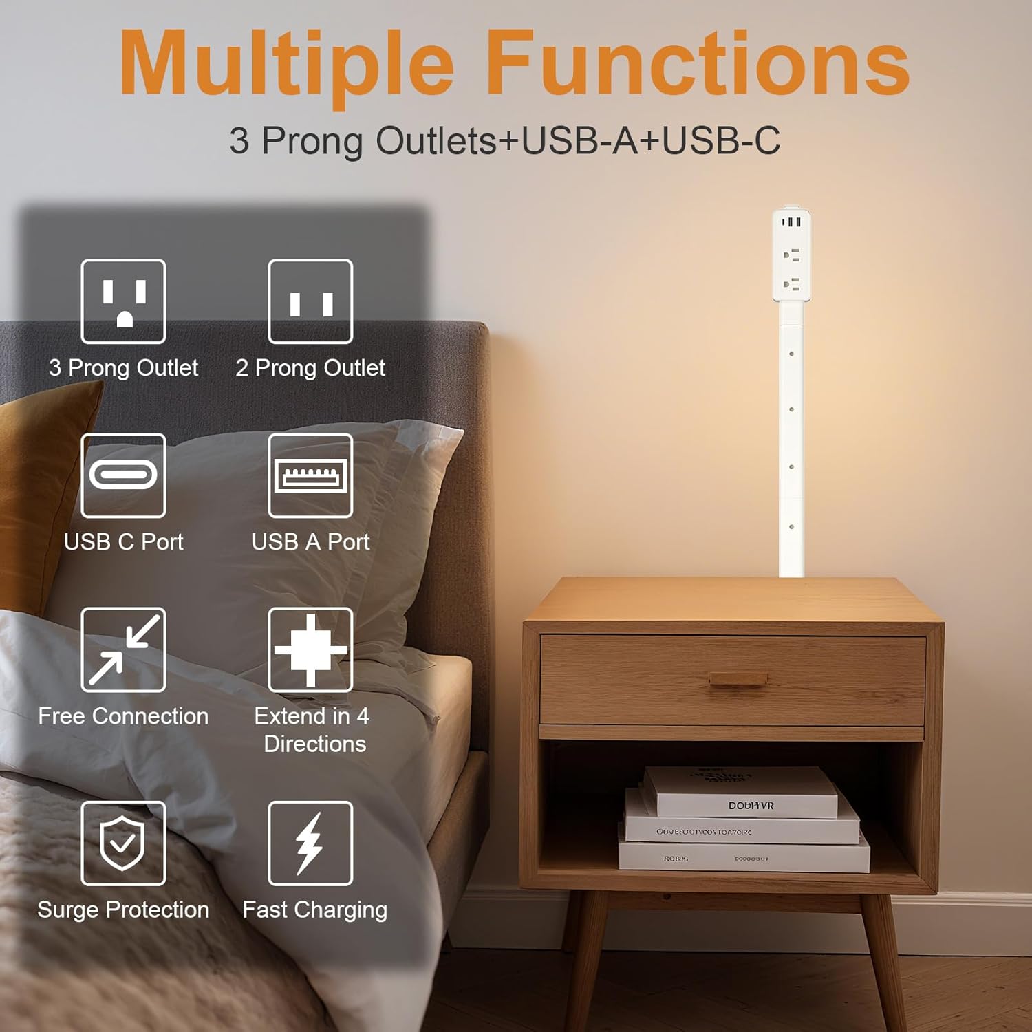 Electrical Outlet Extender Stick-Extension Cord with 2 USB-A,USB-C and 2 AC Outlet Extender,Power Strips Extendable 6", 15.3", 24.5", 34" for Behind Couches,Bed (1Pack)