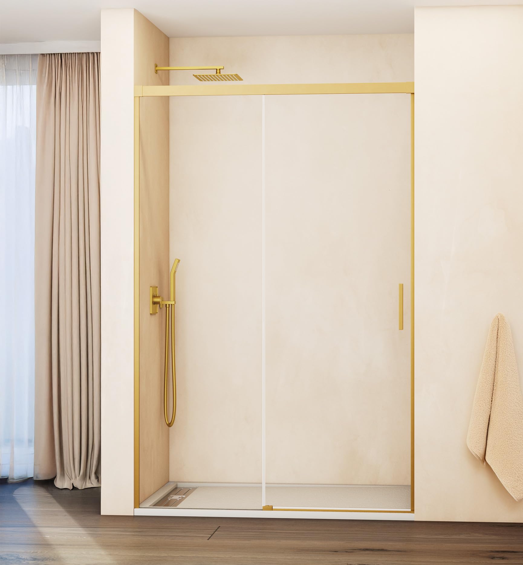 Mamparas para Ducha Frontal Fija y Corredera | Mampara de Cristal para Ducha 6 mm Antical Sin Perfil Inferior | Manpara para Baño Aluminio Premium – 160-165 cm - ORO