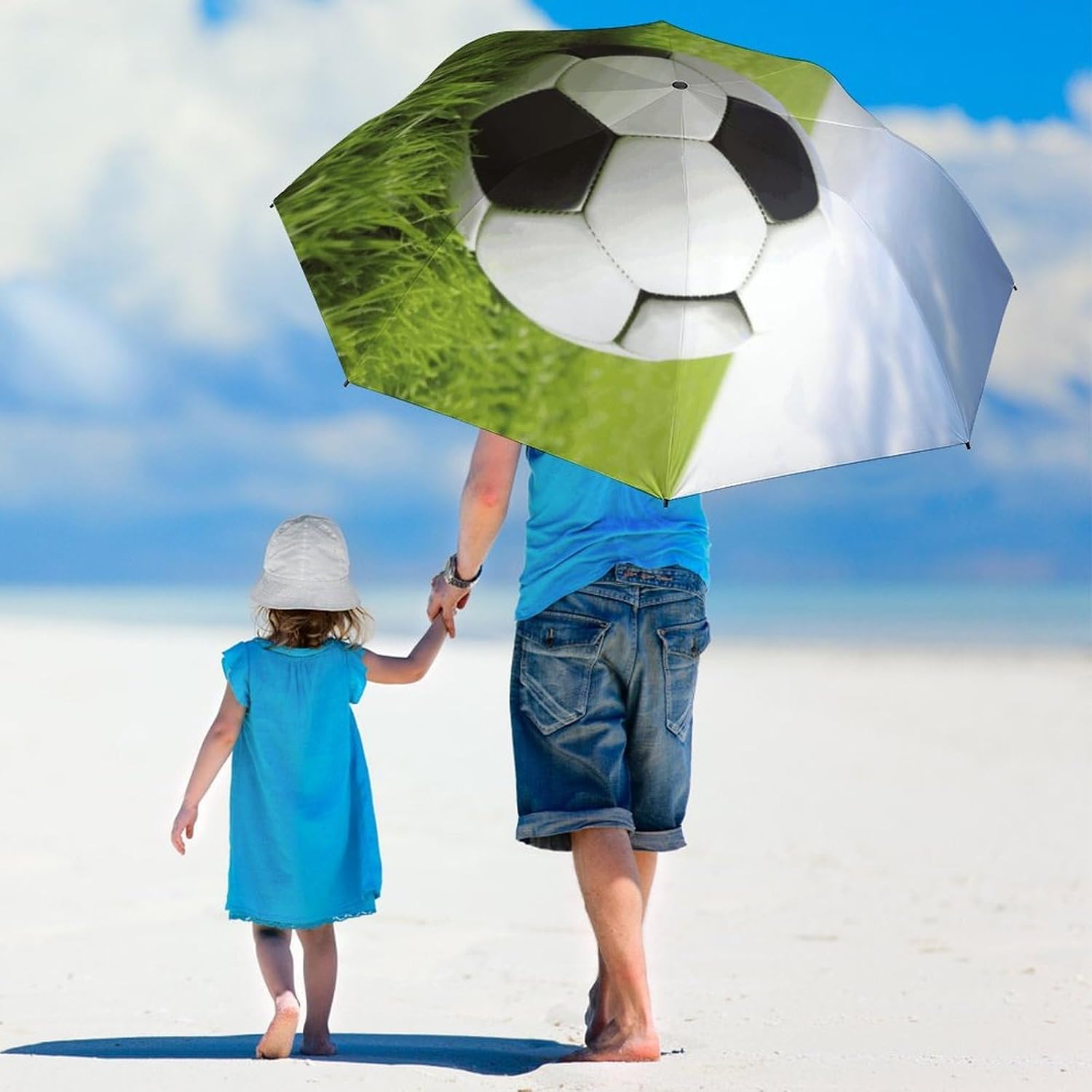 Soccer Ball On Grassy Umbrella Extra Large Folding, Travel Umbrella Windproof, Compact, Golf Umbrella With Unique Patterns, Fashionable And Beautiful for Men And Women.