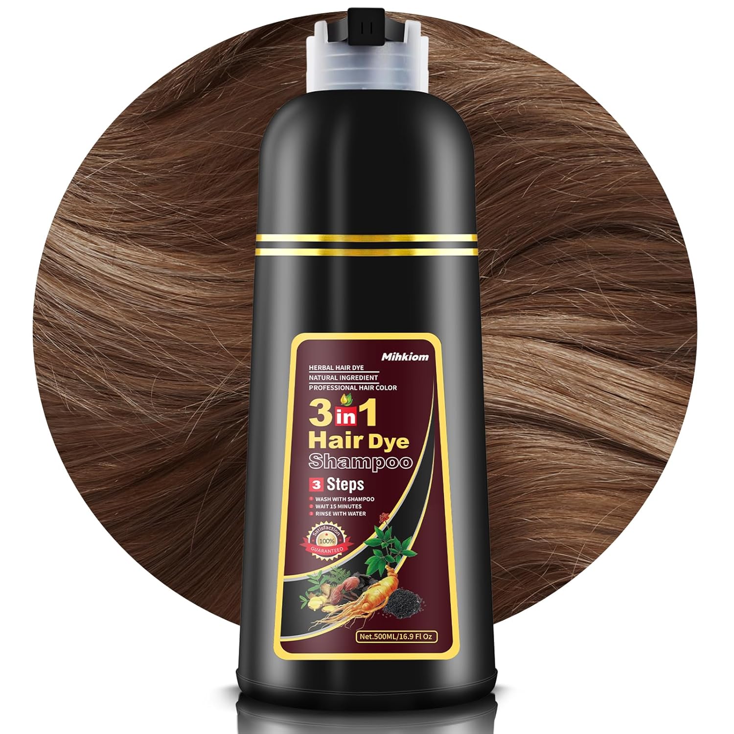 Mihkiom Dark Brown Hair Dye Shampoo 3 in 1 for Women & Men, 100% Hair Color for Gray Hair Coverage - Natural Plant -Champu Para Canas, Champu Para Pintar el Pelo