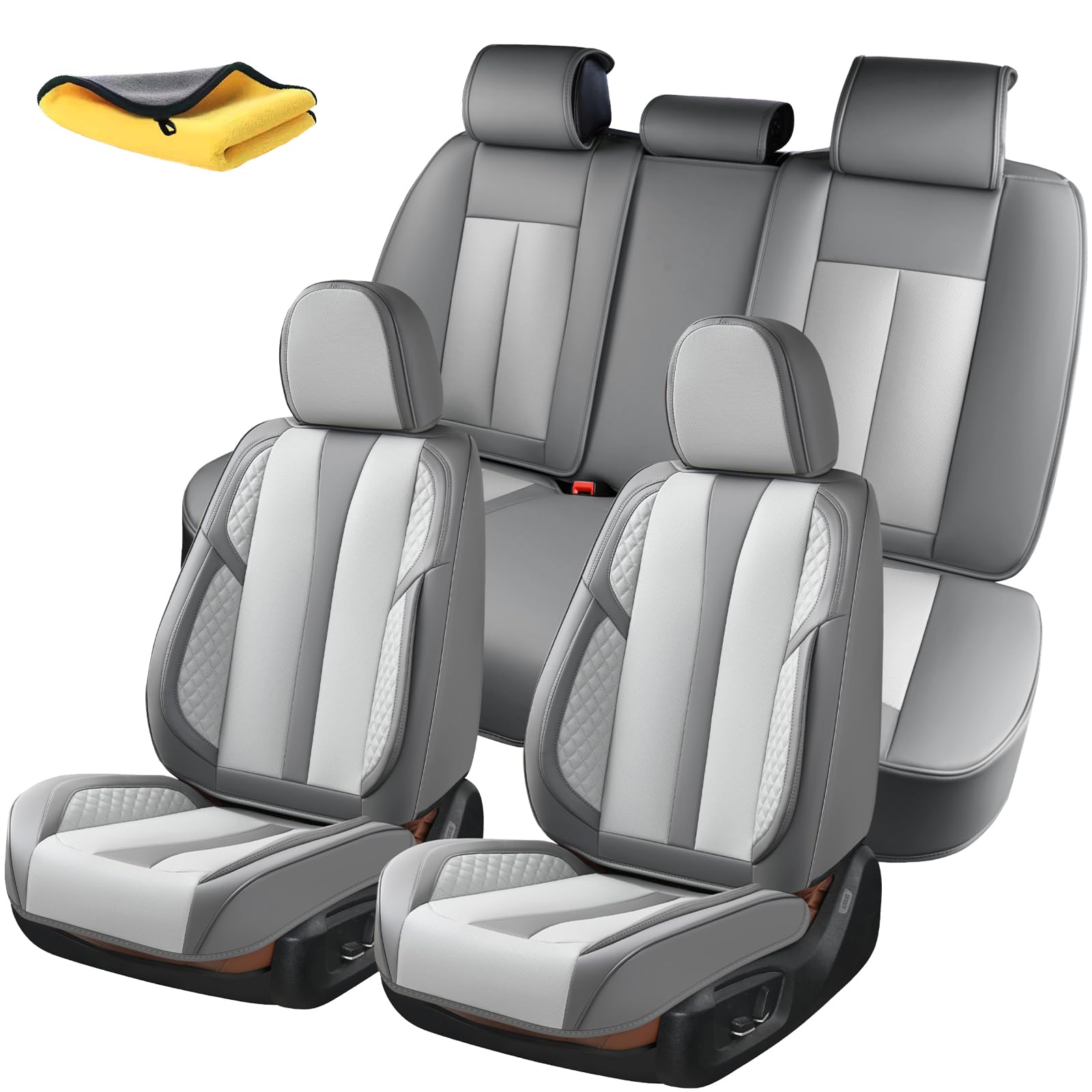 5-Seater Car Seat Covers Full Set Waterproof and Breathable Nappa Leather, Fit for Front and Rear Seats of Cars, Compatible with Airbags, Car Seat Protector Covers for Most Cars - Light Gray