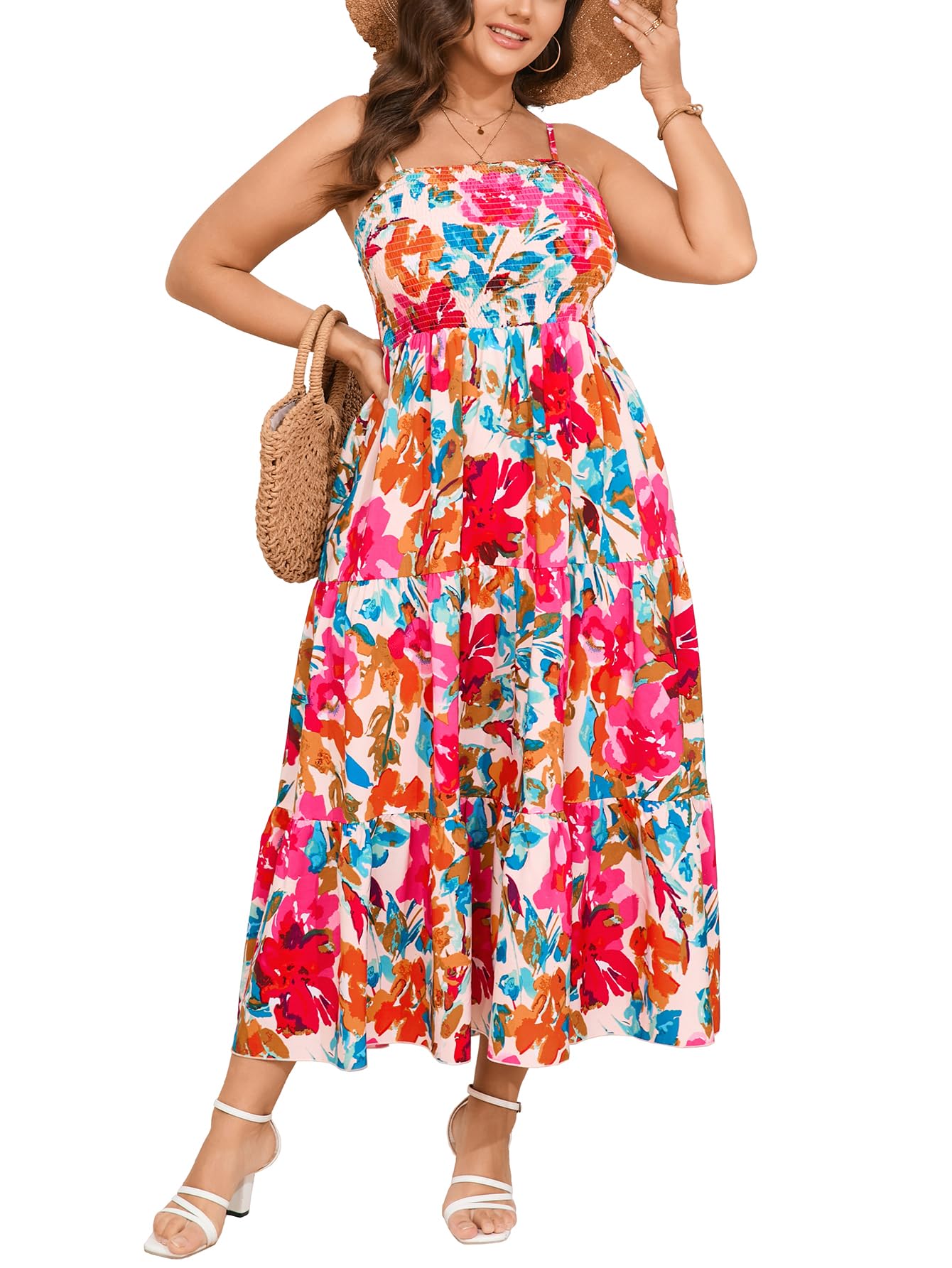 SCOMCHIC Women's Plus Size Summer Maxi Dress Sleeveless Spaghetti Strap Smocked Casual Boho Tiered Long Beach Sun Dresses