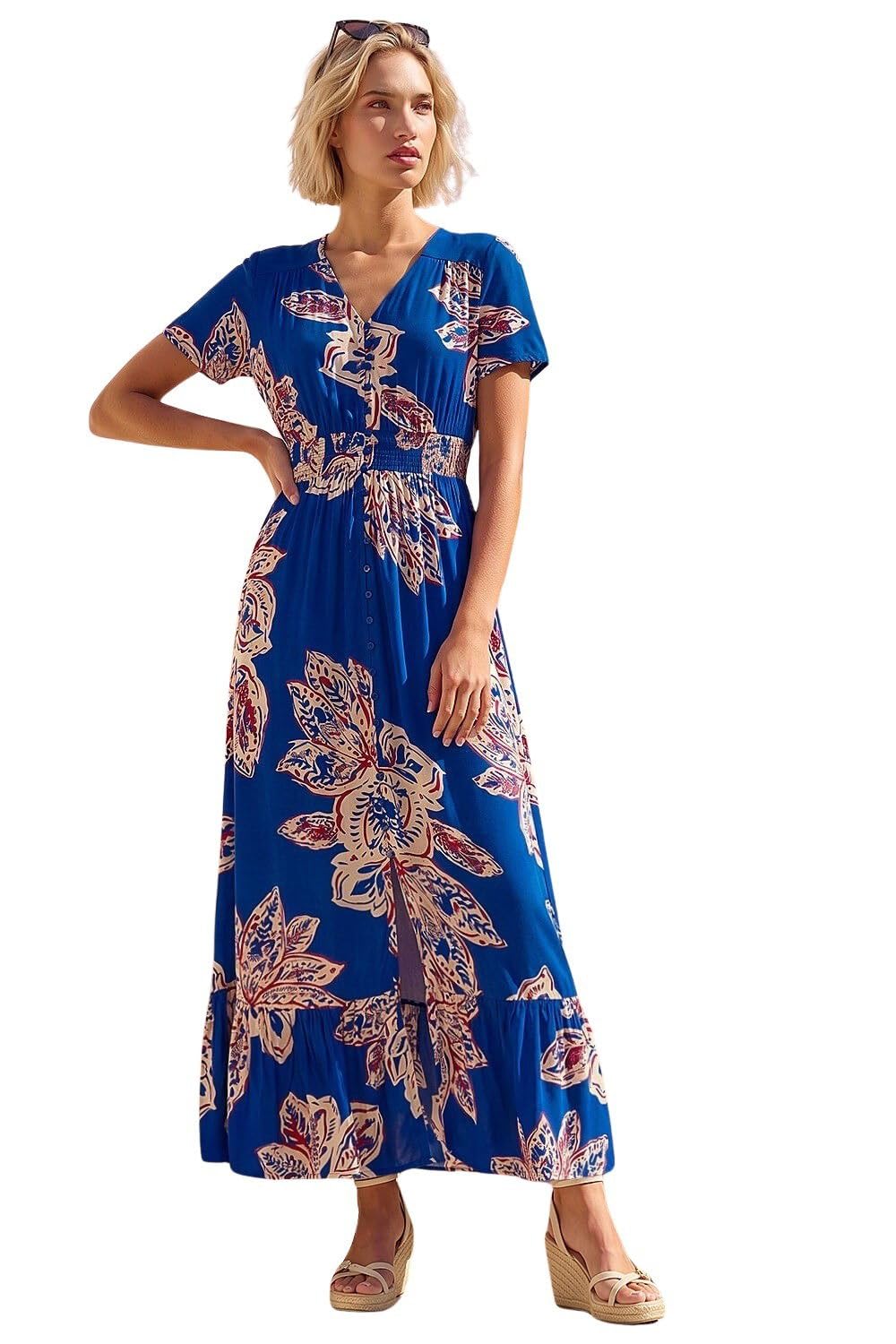 Roman Originals Blue Roman Leaf Print Shirred Maxi Dress Size 14