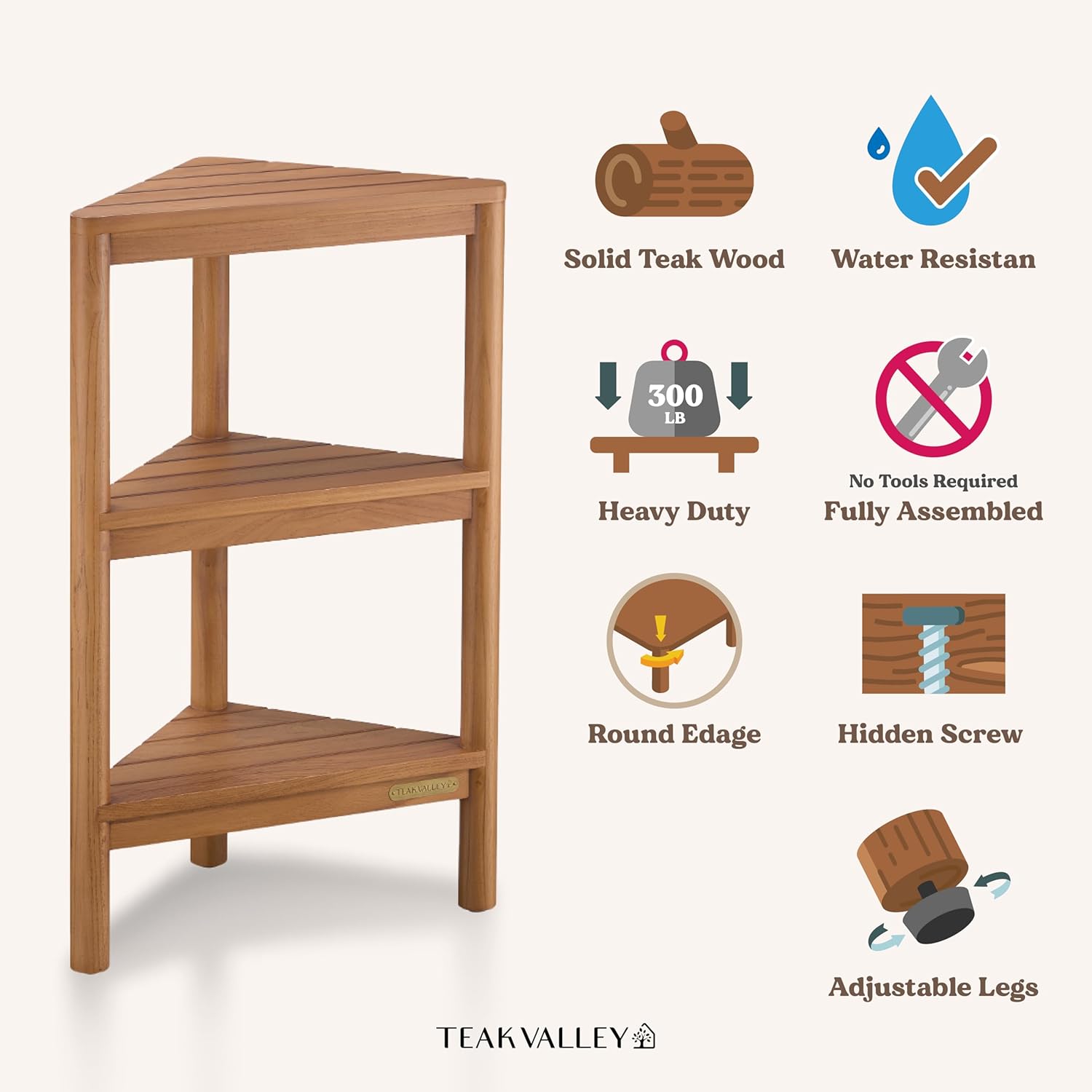 Fully Assembled Teak Corner Bath Shower Storage Stand, Corner Shelves, Shower Caddy 26.5"