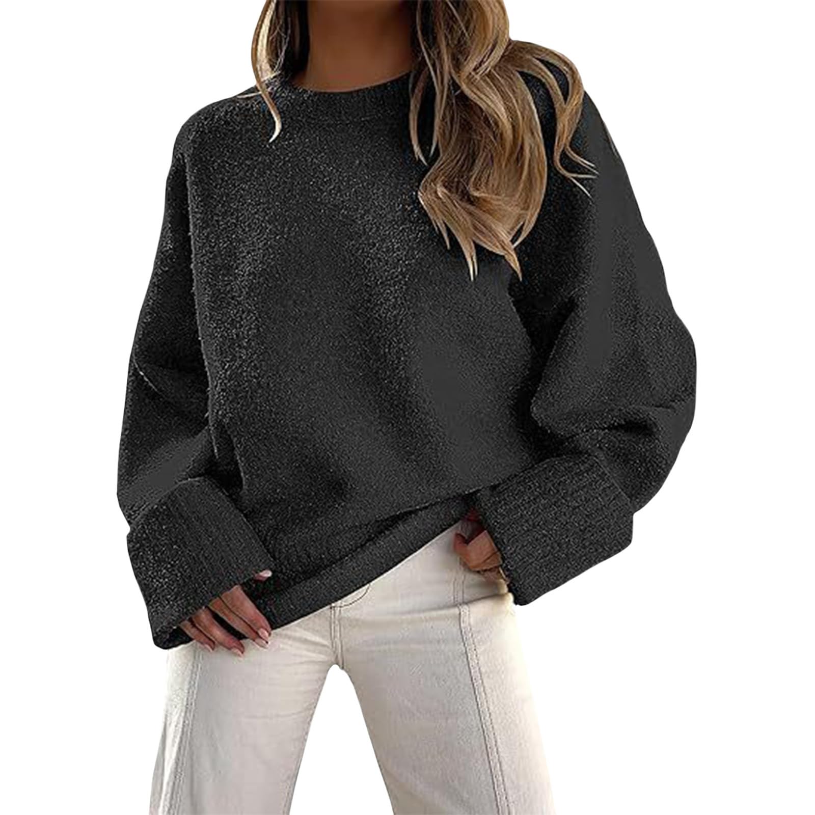 Womens Fuzzy Sweater Oversized Long Sleeve Crewneck Chunky Knit Loose Casual Dressy Pullover Tops