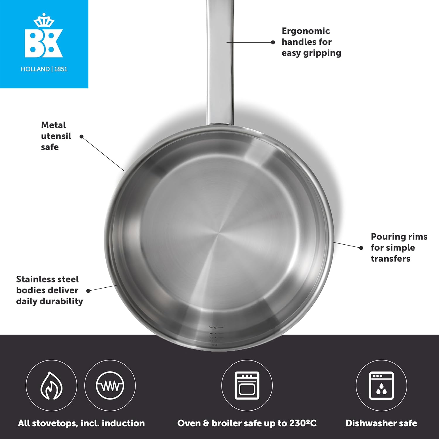 BK Bright Stainless Steel Induction Cooking Pan, 20 cm, Polished Exterior, Stay Cool Handle, Professional Cooking, 18/10 Stainless Steel, Induction, Oven Safe up to 230°C, Dishwasher Safe, Silver