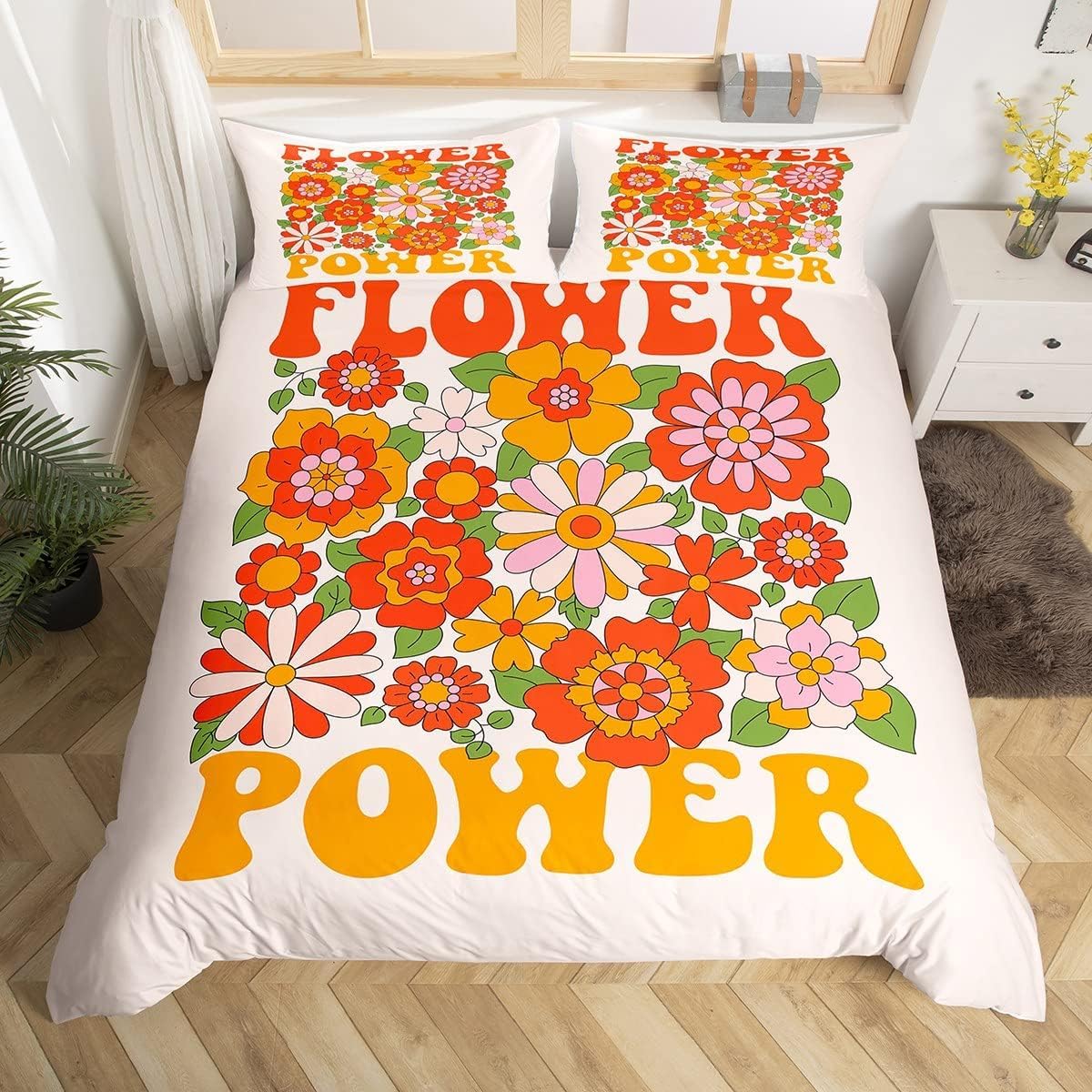 Homemissing Super King Retro Hippie Flower Bedding Set Retro Flower Duvet Cover Plant Flower Comforter Cover Set Breathable 60s 70s Gorgeous Decoration Comforter Cover Set — image 1