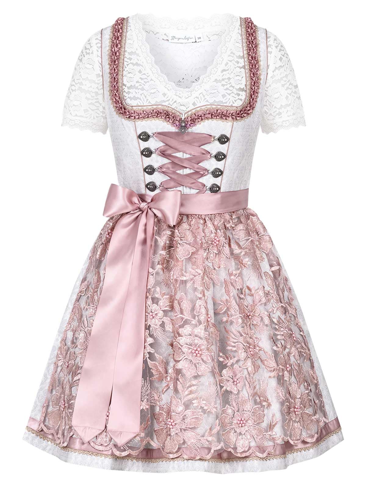 Steigenhöfer Manufaktur Dirndl Damen im Set - Oktoberfest Outfit - Set enthält Kleid Bluse und Schürze - Midi Dirndl mit 60cm Rocklänge - Miederhaken mit funkelnden Steinen und Perlen - Vicky