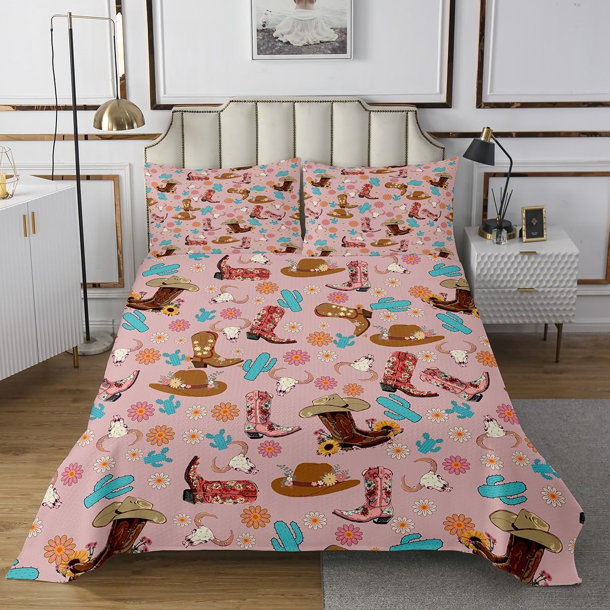 Manfei Cowgirl Bedspread Queen Size, Cowboy Boots Hats Bull Skull Coverlet Set 3pcs, Cute Flower Blue Cactus Quilted Coverlet with 2 Pillowcases, Kids Girls Room Decor, Soft Bedding Quilt