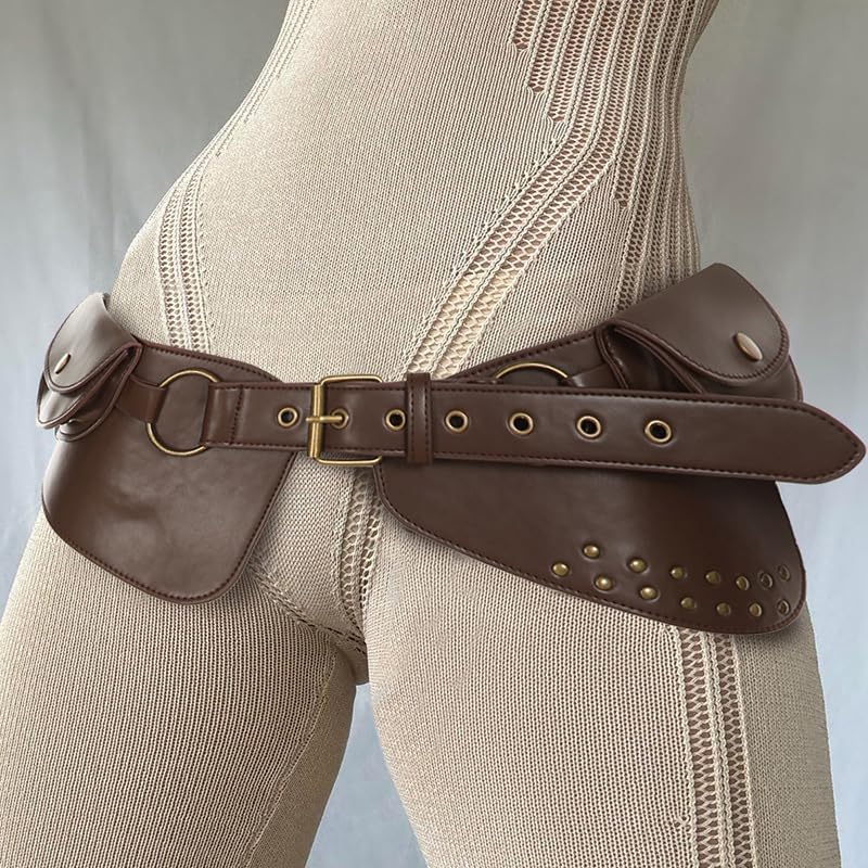 Women'S Vintage Western Y2k Punk Belt Bag Gold Metal Ring Rivet Wide Waist Belts2