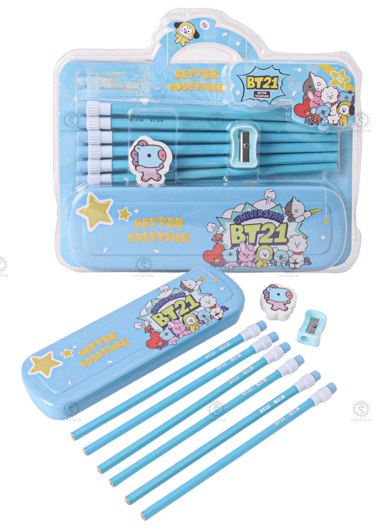 SHAKTISM Beautiful Stationery Set with Pencil, Eraser, Pencil Box, Sharpener, Combo School Stationery Set for Kids - 9pcs (BTS-Blue) (B0CN1QXVMH) Amazon Price History, Amazon Price Tracker