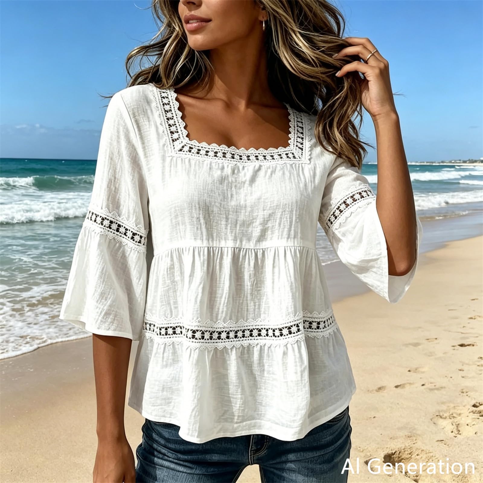 Blusa Bohemia de Mujer con Cuello Cuadrado y Mangas Tres Cuartos Acampanadas, Estilo Peplum, Corte Holgado, Ideal para el Verano