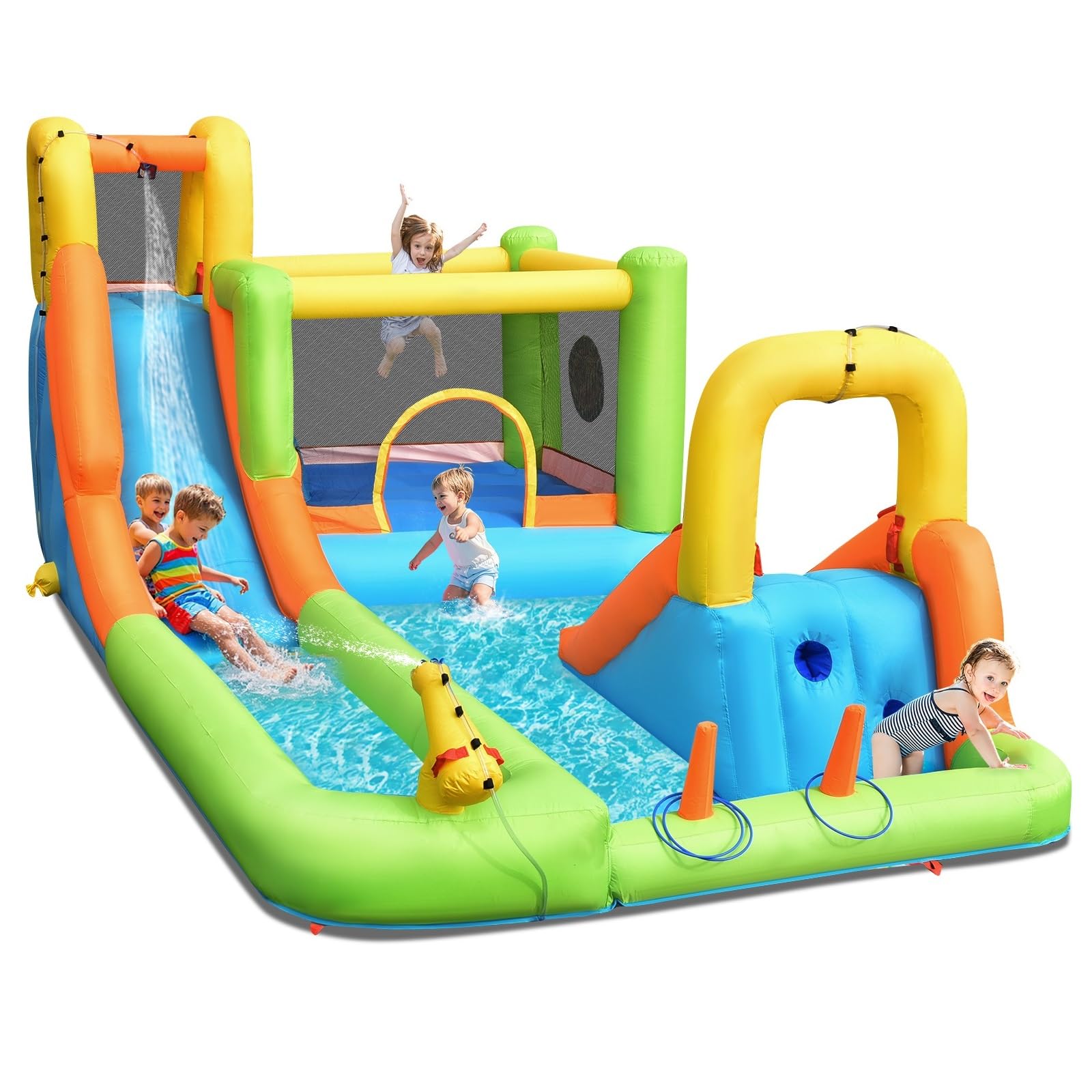 OLAKIDS Inflatable Water Slide, 7 in 1 Bounce House with 2 Slides Climbing Wall Splash Pool 2 Ring Columns Water Gun, Outdoor Water Park Inflatable Obstacle Course for Kids Backyard with Carrying Bag