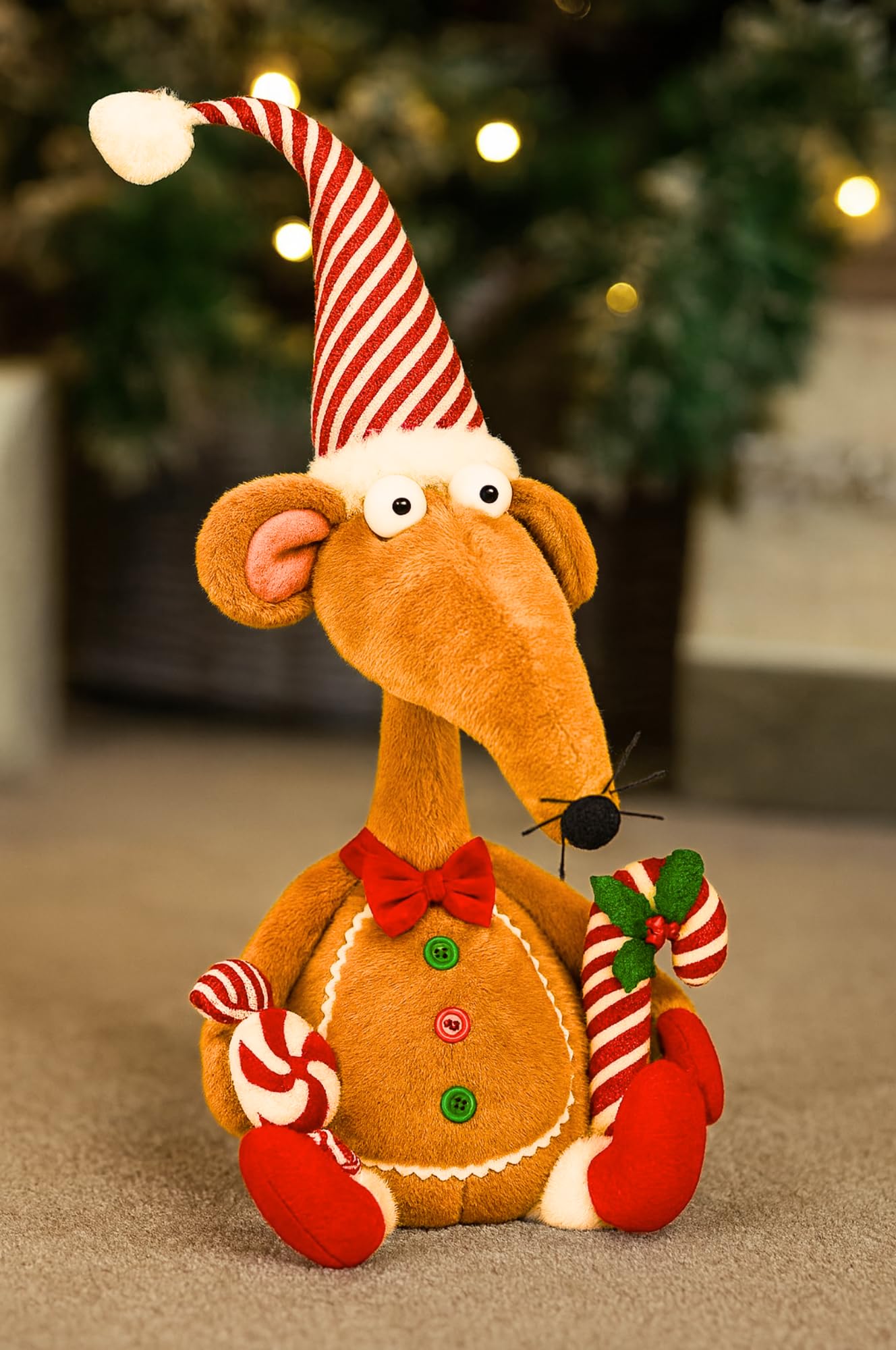 Marco Paul Rat Gingerbread Christmas Decoration - 48cm Gingerbread Man Plush Mouse Ornament with Candy Cane Decoration - Ginger Bread Man Ornament For Christmas Decor, Table Centrepiece & Home Decor
