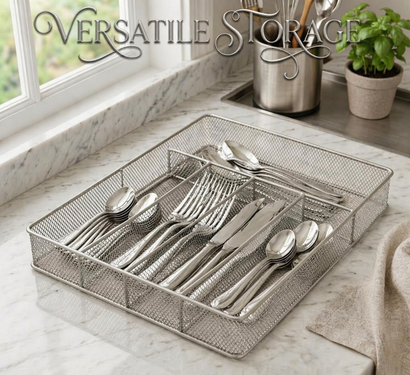 Ybm Home - Organizador de utensilios de cocina de malla plateada con cajones, cubiertos y suministros de oficina