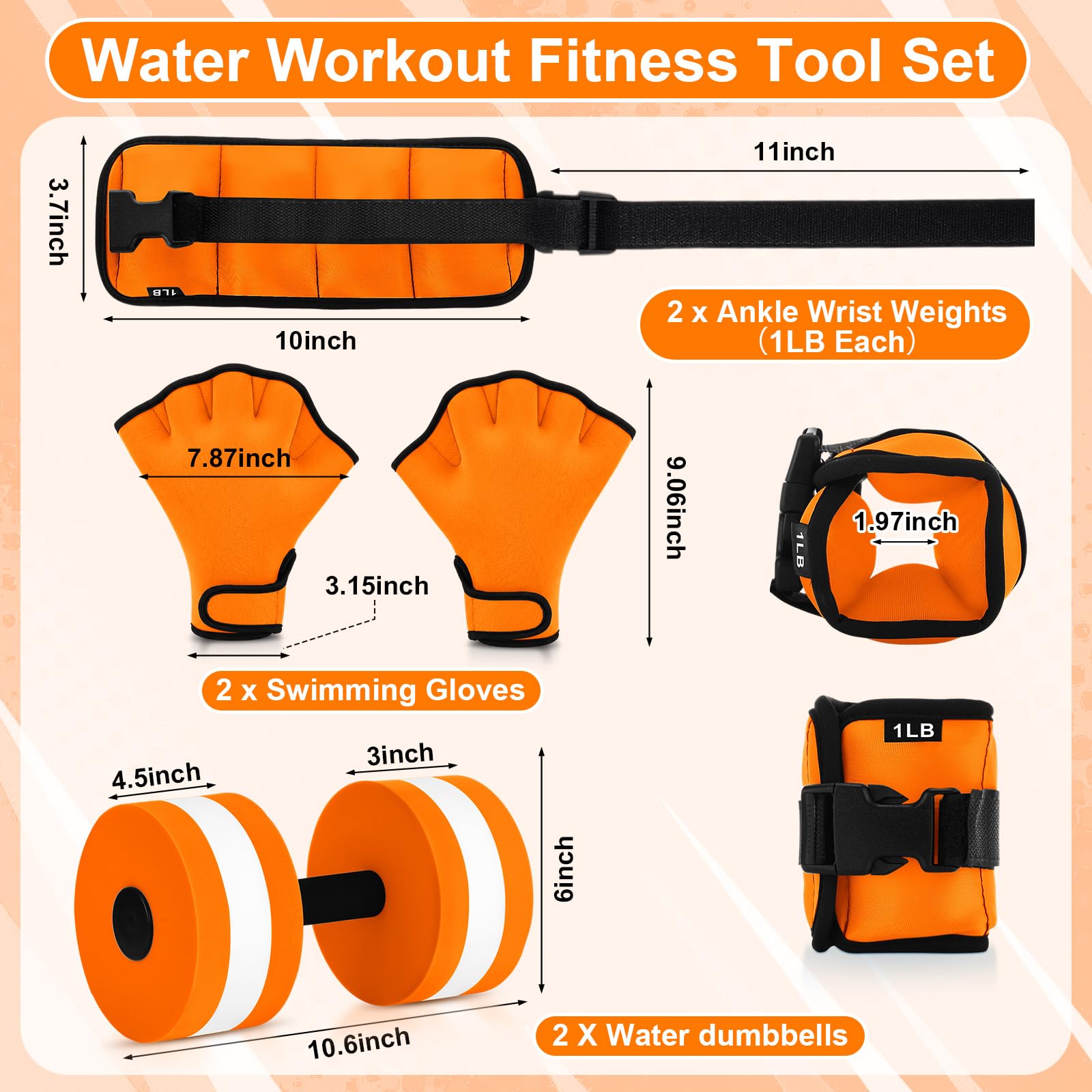 Hollowfly Ensemble de 6 équipements d'aérobic aquatique pour piscine - 2 haltères aquatiques, 2 poids réglables pour cheville/poignet, 2 gants de natation palmés, équipement d'entraînement aquatique à