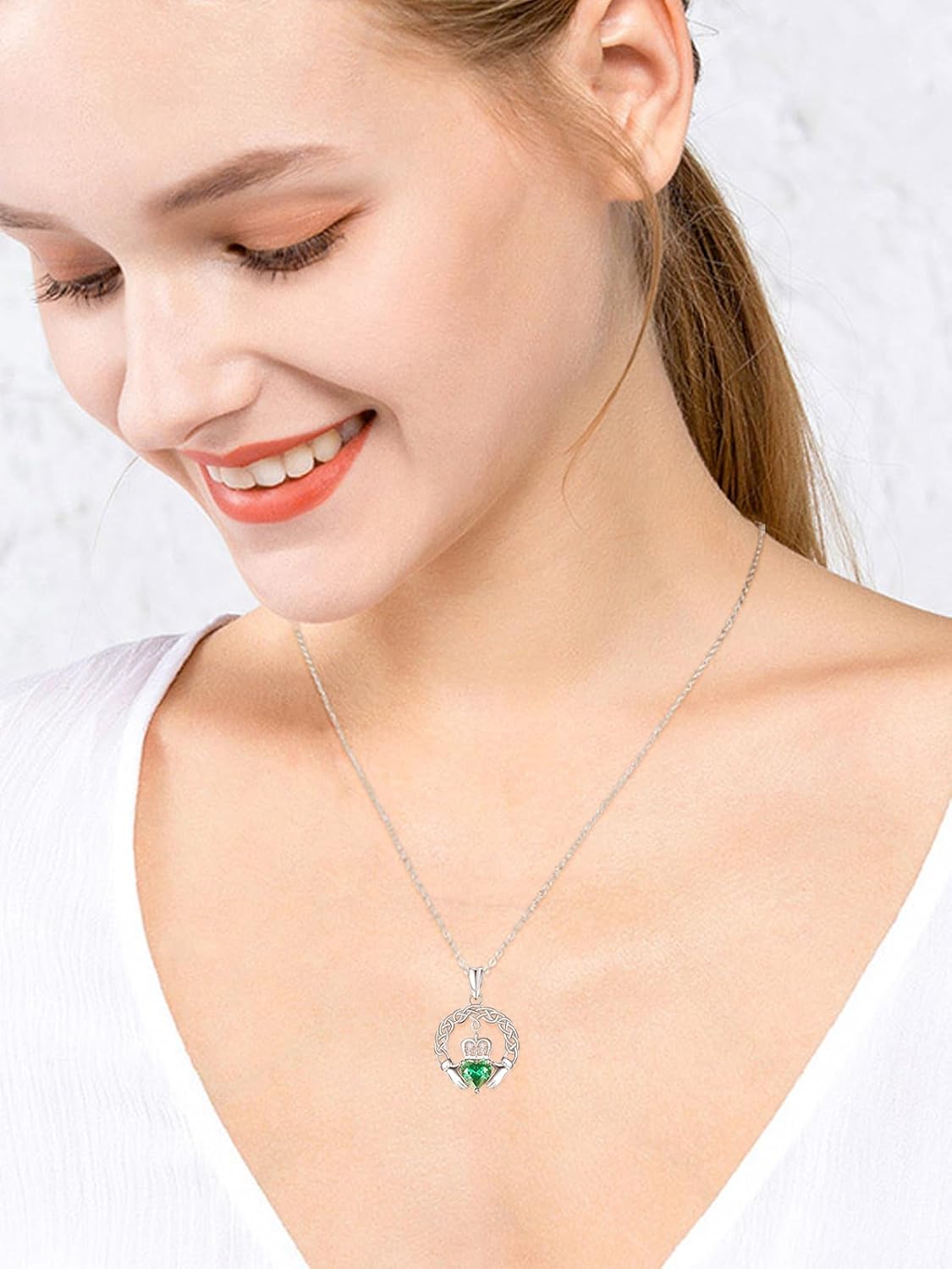 TANGPOET Claddagh Necklace for Women Celtic Pendant Irish Jewelry with Emerald Green Stone 925 Sterling Silver Gifts for St Patricks Valentines Day Birthday Christmas