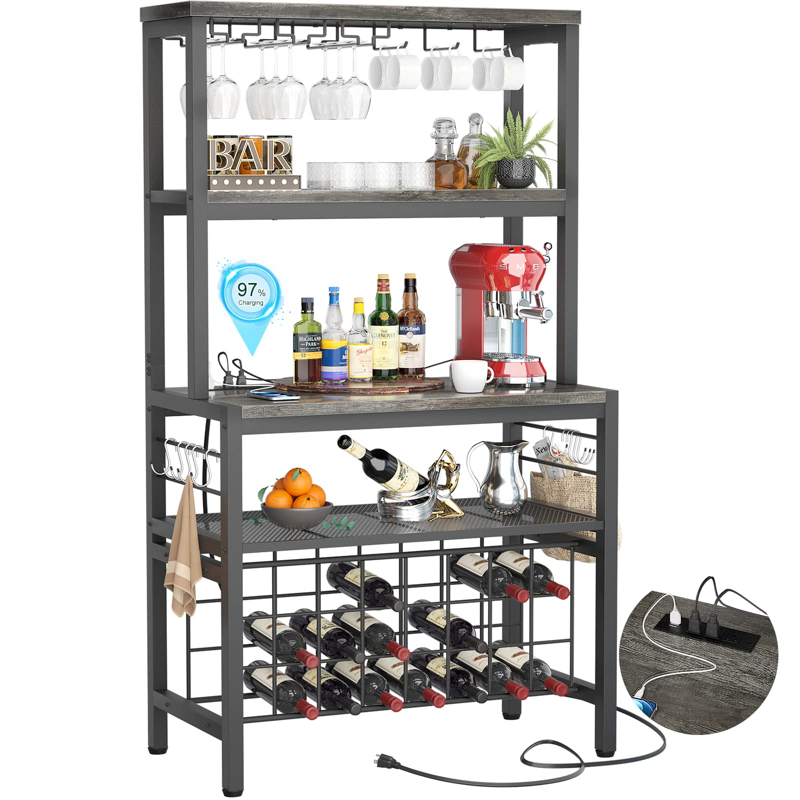 Photo 1 of Unikito Industrial Wine Rack Table with Power Outlet for Liquor and Glasses, Wine Bar Cabinet with Glasses Holder, Bar Stand with Wine Storage and Bottle Shelf for Kitchen Dining Room Buffet, Gray Oak Built-in Outlet Gray Oak OPEN BUT NEW
