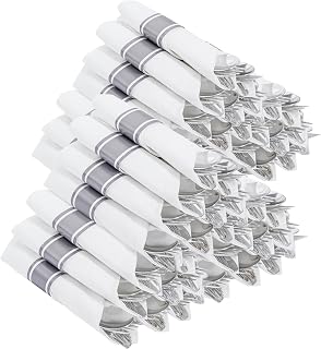 Joyido 400PCS Pre-Rolled Silver Plastic Silverware Sets with Napkins - Heavy Duty Disposable Cutlery for Parties Weddings