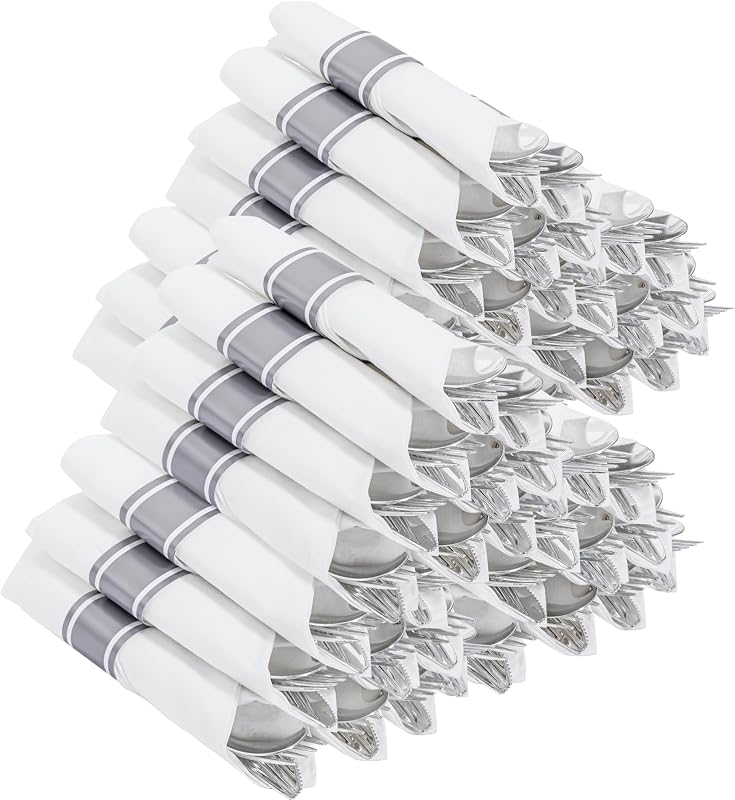 400PCS Pre Rolled Silver Plastic Silverware Heavy Duty for Wedding | Individually Wrapped Utensils, 100 Pack, Durable and Sturdy, BPA free, Include Matching napkins, For Parties, Catered Events