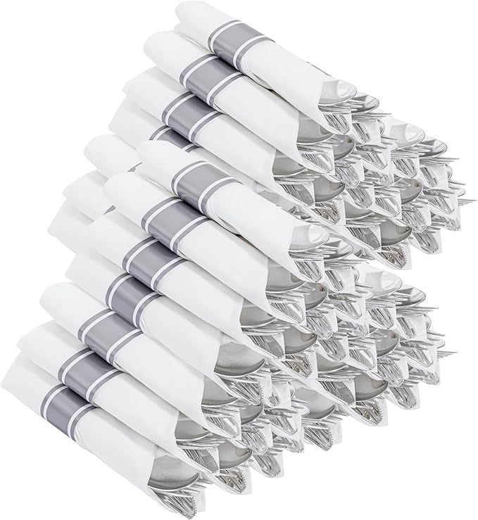 400PCS Pre Rolled Silver Plastic Silverware Sets - Heavy Duty